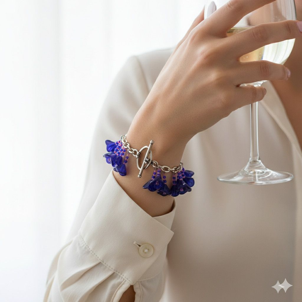 Handmade Charm Bracelet 7.25" Handmade Cobalt Blue Flower Czech Press Size ONE SIZE - 2 Thumbnail