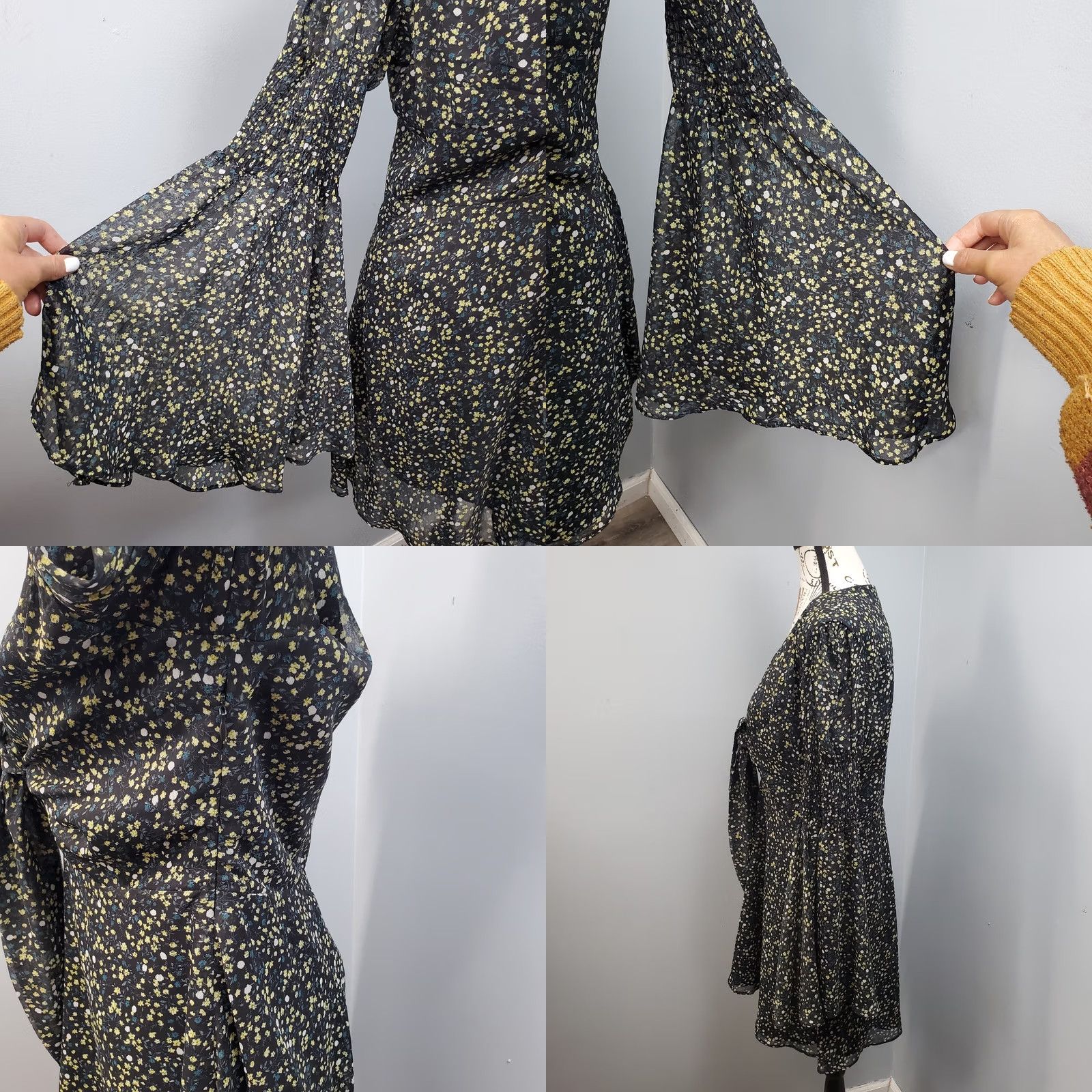 Coach ACOA Dress Womens L Multi Floral Boho Chiffon Bell Sleeve Tie Front Side Zip Dress Gowns Women Size L Size L / US 10 / IT 46 - 8 Thumbnail