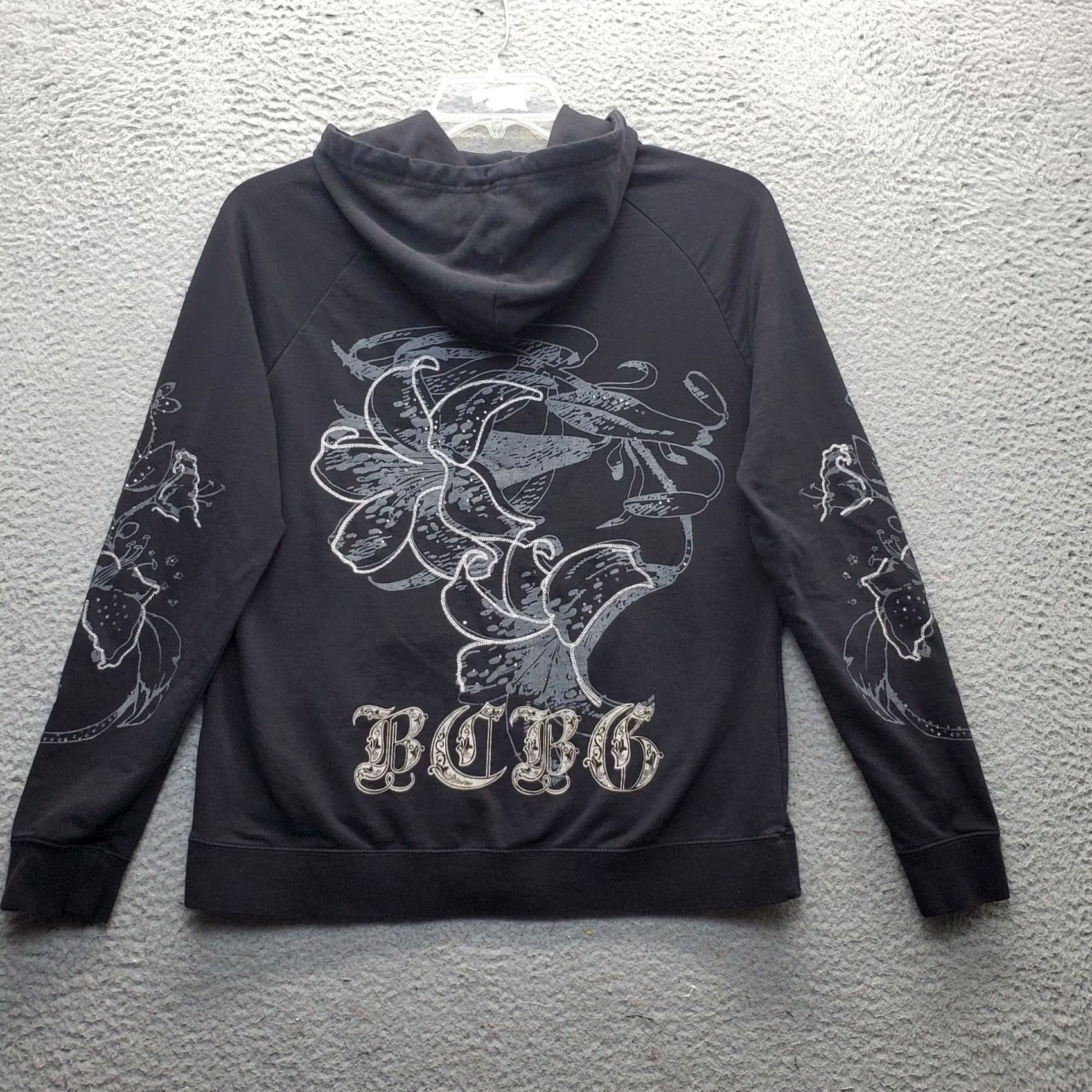 Bcbgmaxazria BCBGMAXAZRIA Hoodie Womens Black Floral Rhinestone Long Sleeve Zip-Up FX Size M / US 6-8 / IT 42-44 - 2 Thumbnail
