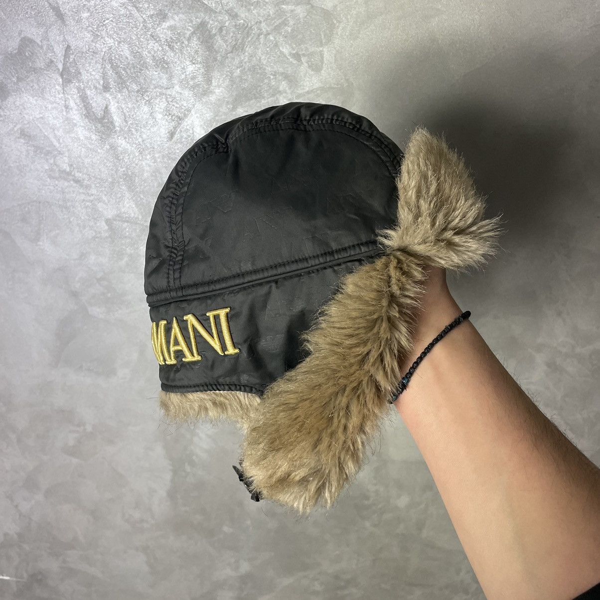 Armani × Vintage Vintage Armani Jeans Monogram Big Logo Fur Trapper Hat Size ONE SIZE - 5 Thumbnail