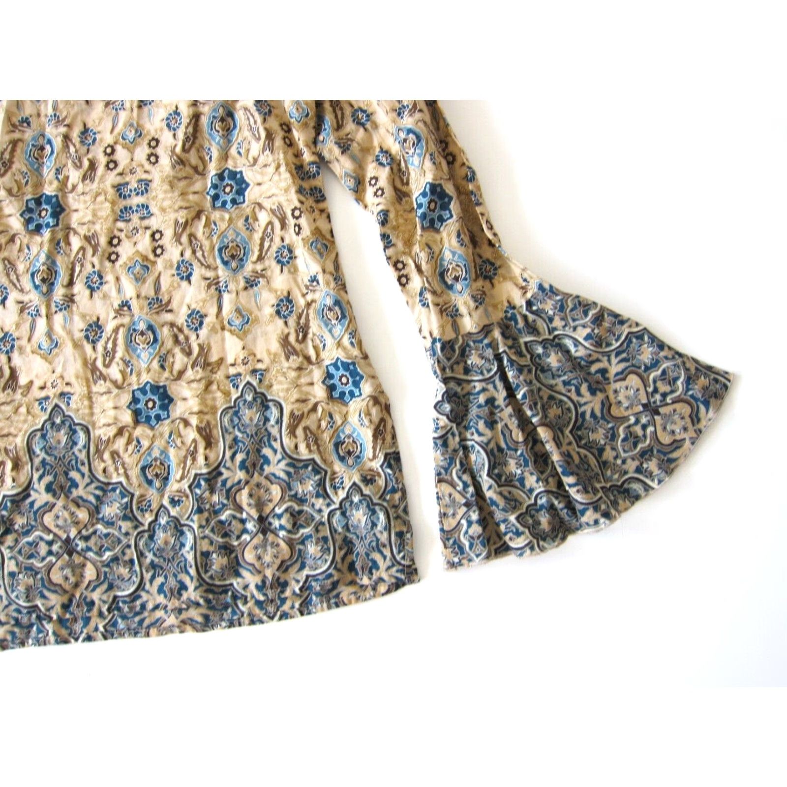 Vintage INC 100% Cotton Gauze Blue Floral Long Flare Sleeve V-Neck Blouse 10 Women Blouse Shirt Size L / US 10 / IT 46 - 5 Thumbnail