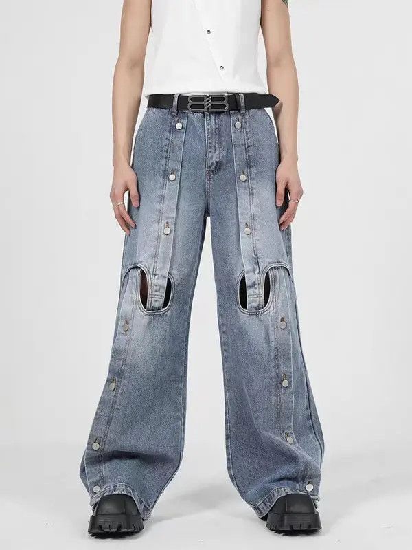 image of Wide-Leg Jeans With Heavy-Duty Hollow Metal Buttons in Blue, Men's (Size 32)