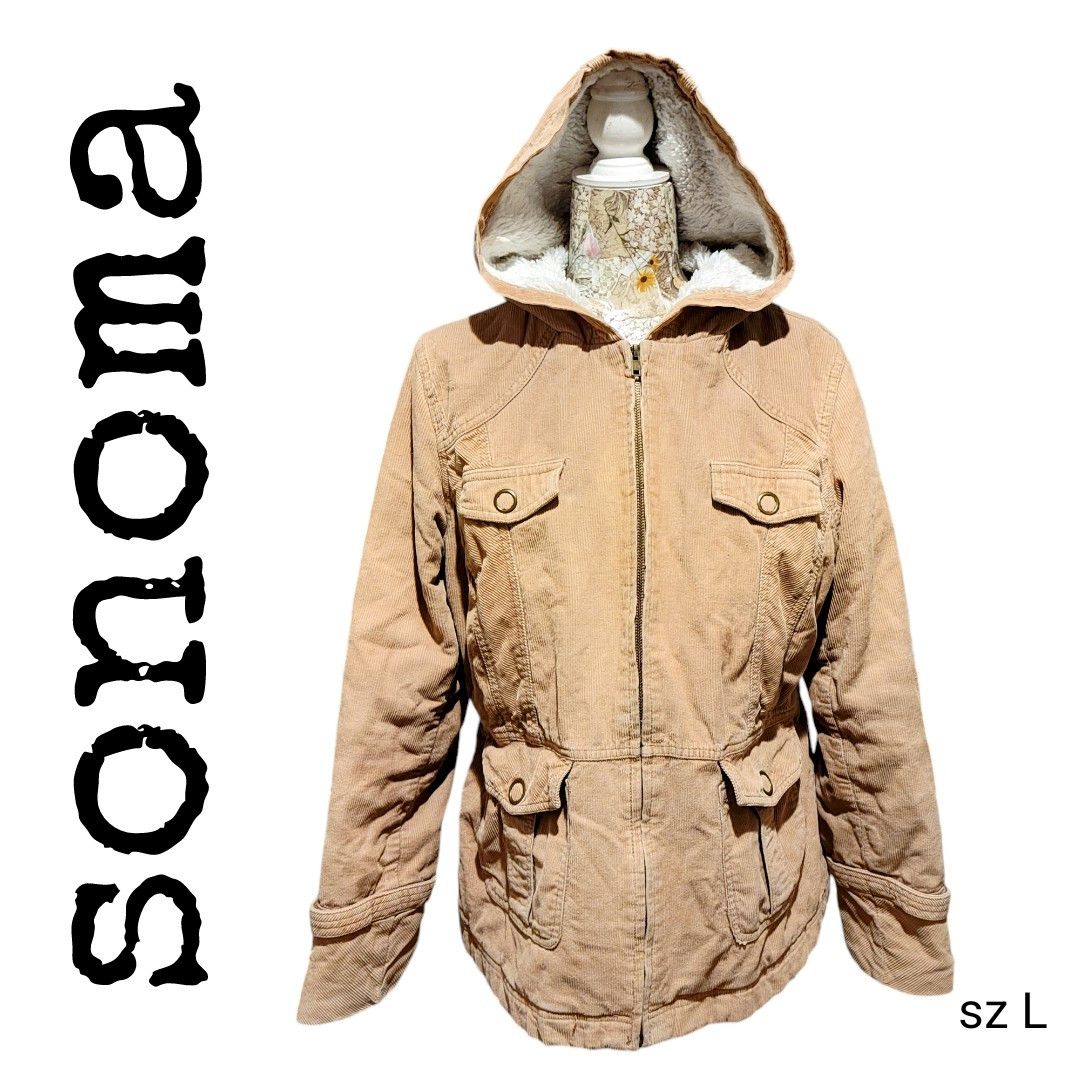 Sonoma Sonoma Soft Tan Corduroy Teddy Hooded Utility Cargo Jacket Size L / US 10 / IT 46 - 1 Thumbnail