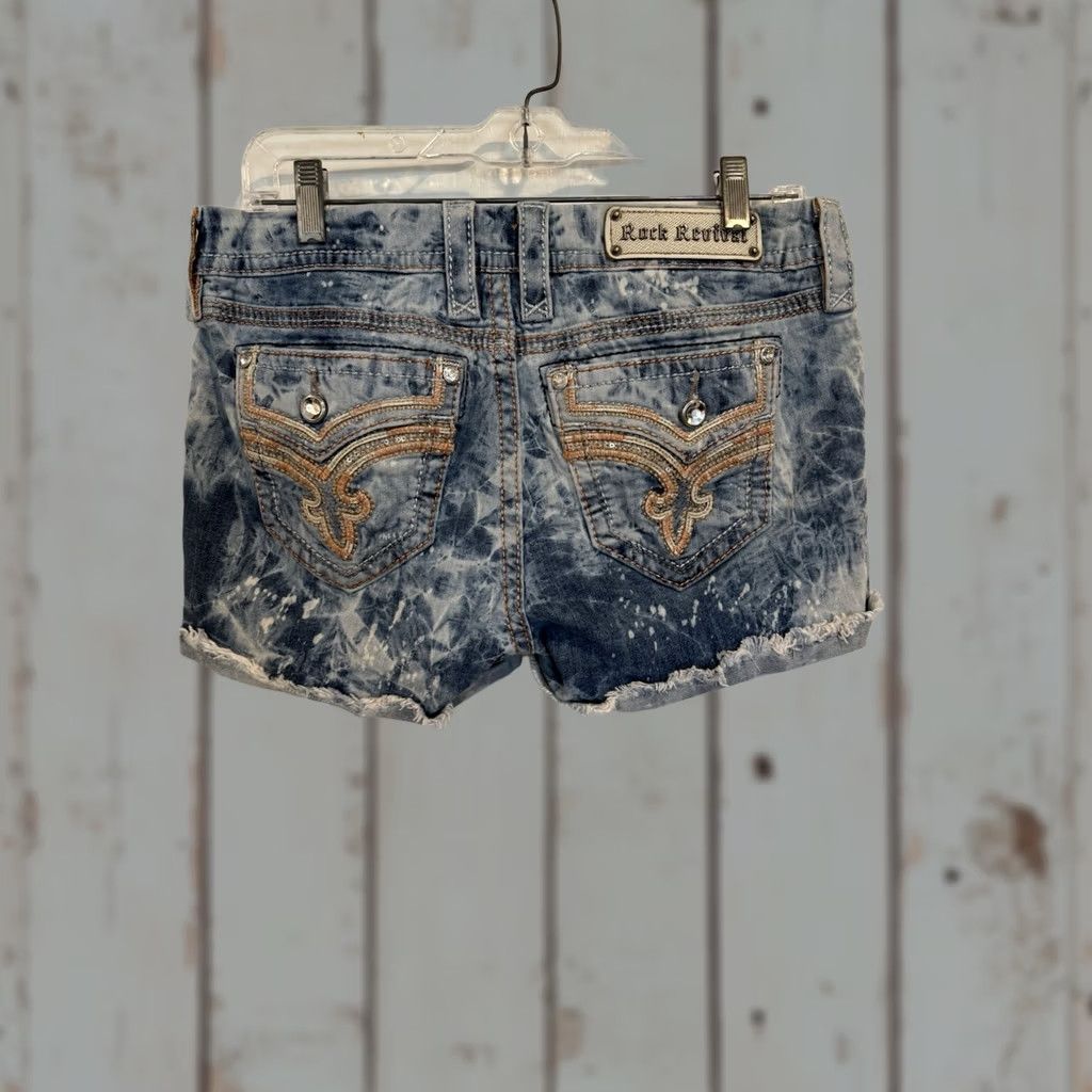 Vintage Rock Revival Kira denim acid-wash distressed jean shorts w rhinestones sz 29 Rock Shorts Women Regular 29 Blue Rhinestone Grunge Y2k Size 29" - 1 Thumbnail