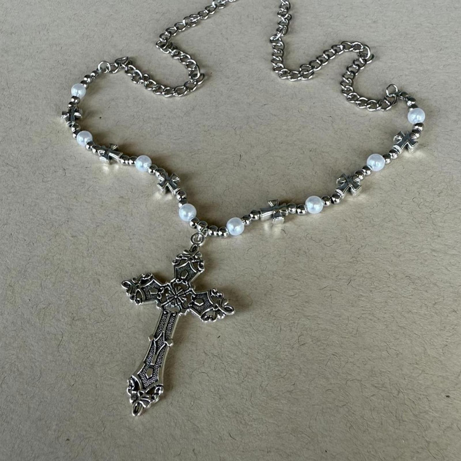 Other Silver tone cross necklace with faux pearl beads Size ONE SIZE - 2 Thumbnail