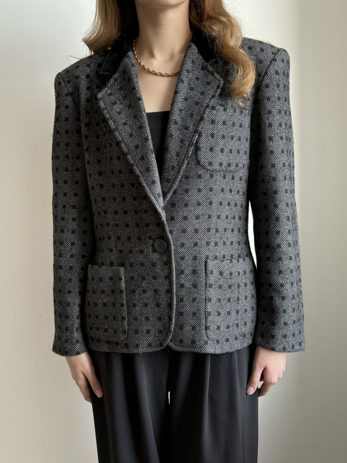 Escada × Vintage ESCADA 80s MARGARETHA LEY POLKA DOT WOOL BLAZER VELVET 38 M Size M / US 6-8 / IT 42-44 - 3 Thumbnail
