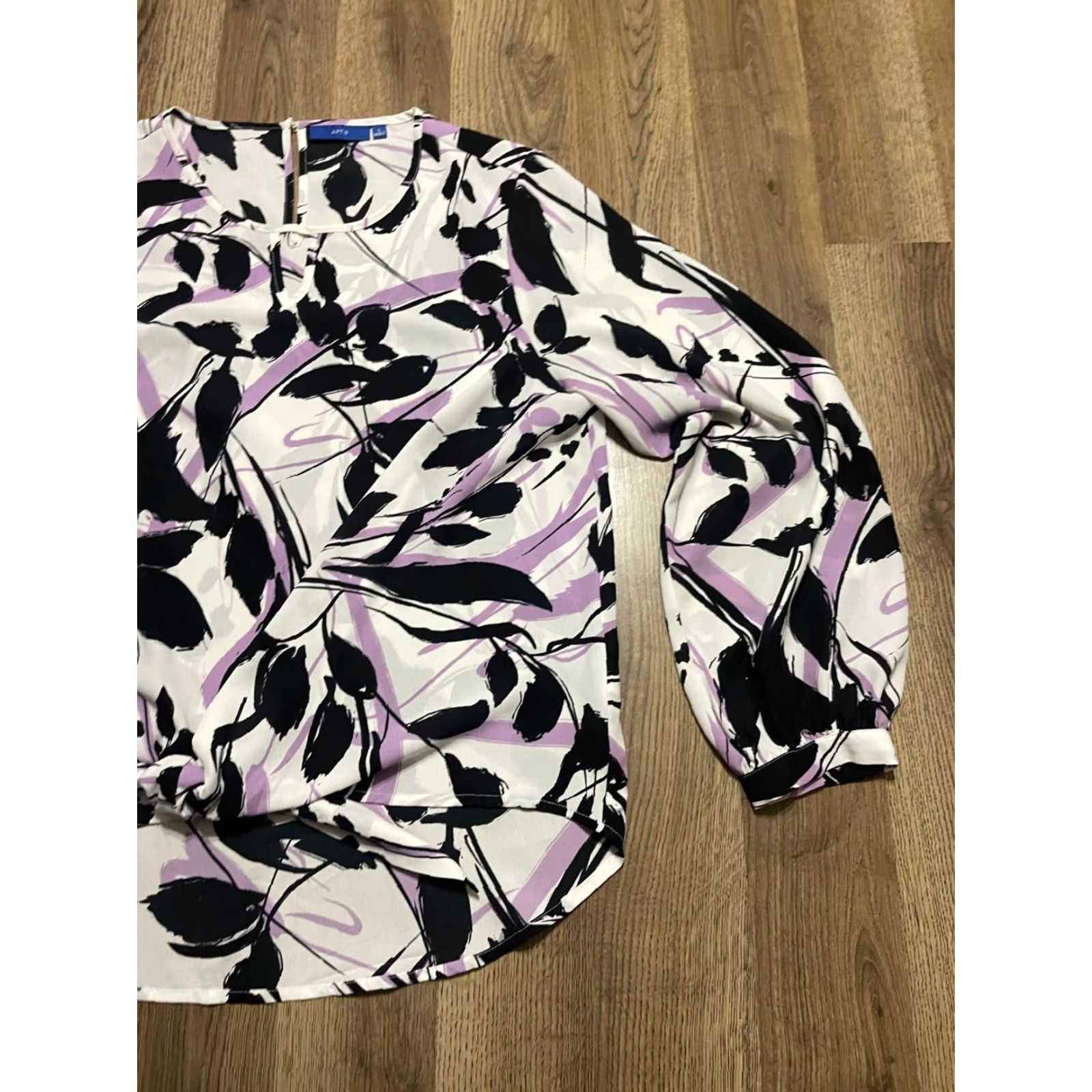 Apt. 9 Apt.9 Shirt Women's L Black White Purple Floral Print Long Sleeve Size L / US 10 / IT 46 - 4 Thumbnail