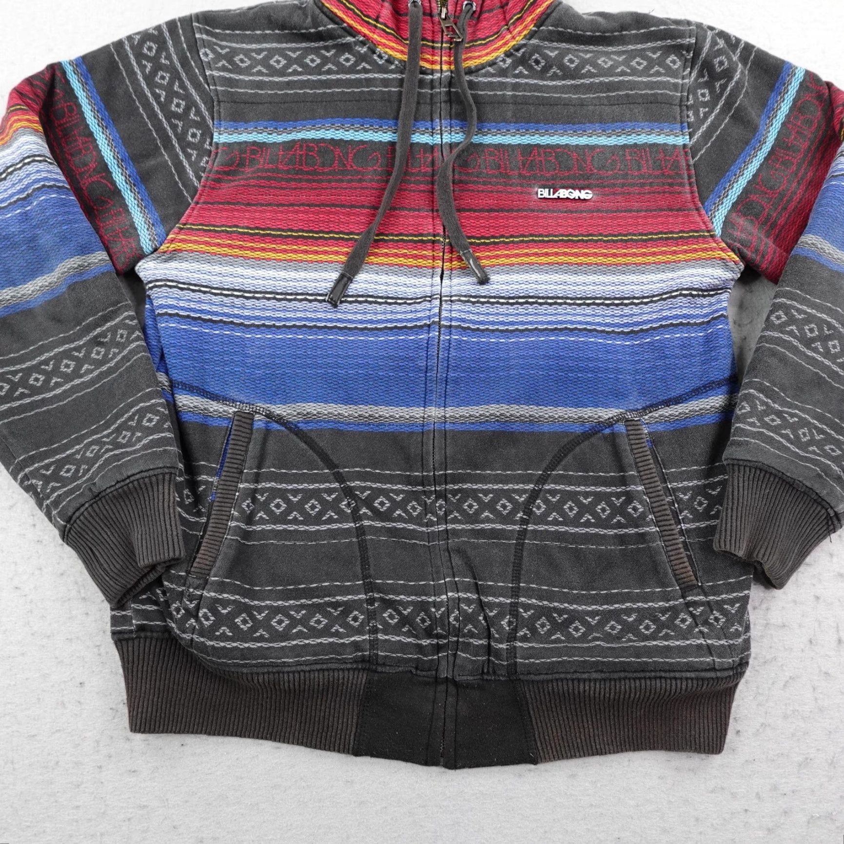 Billabong Jacket Mens M Gray Aztec Stripe Sherpa Fleece Lined Hooded Zip Up