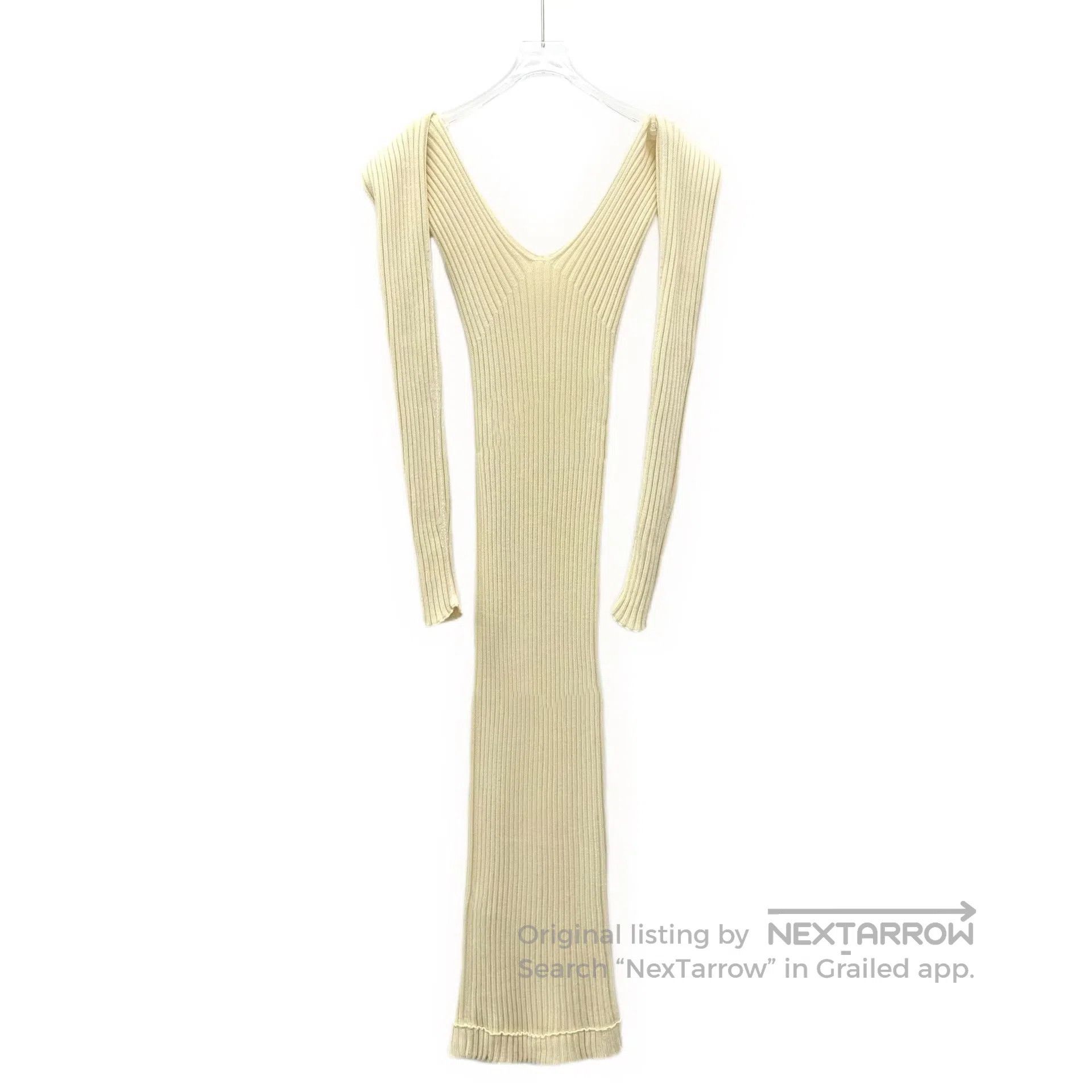 Celine CELINE Pale Yellow Cotton V-Neck Long Sleeve Knit Dress| Size M / US 6-8 / IT 42-44 - 2 Thumbnail