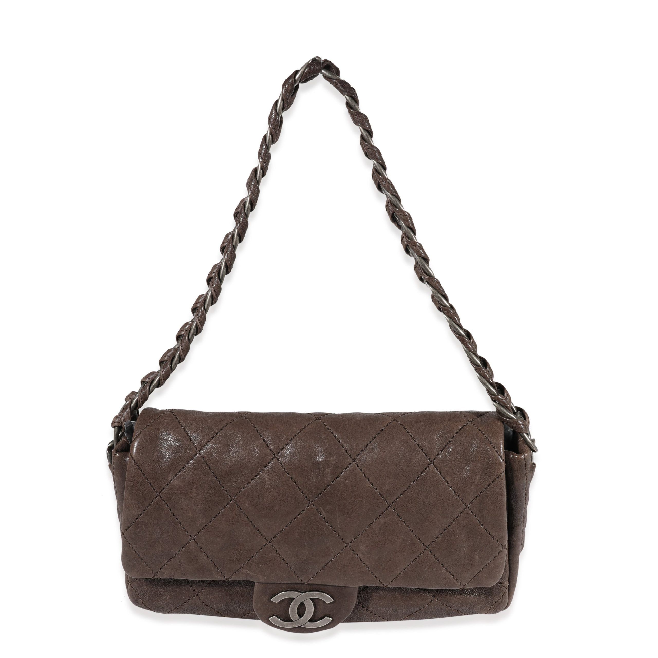 image of Chanel Brown Distressed Leather Modern Chain Flap Bag, Women's