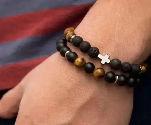 Beads x Jewelry Double Cross Bead Bracelets in Silver, Men's
