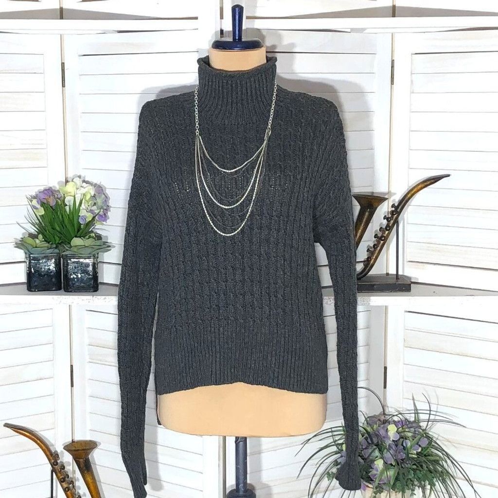 Loft Loft cotton asymmetrical sweater mock neck gray cable knit M Size L / US 10 / IT 46 - 1 Thumbnail
