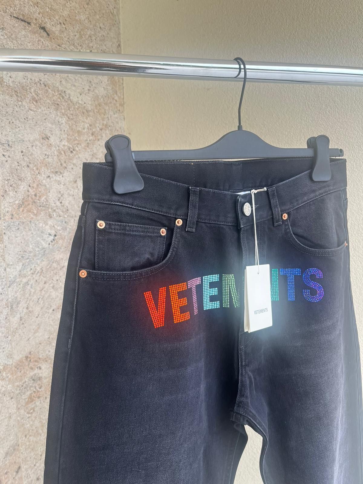 Vetements Multicolor Rainbow Crystal Logo Straight Leg Denim in Black Size US 30 / EU 46 - 3 Thumbnail