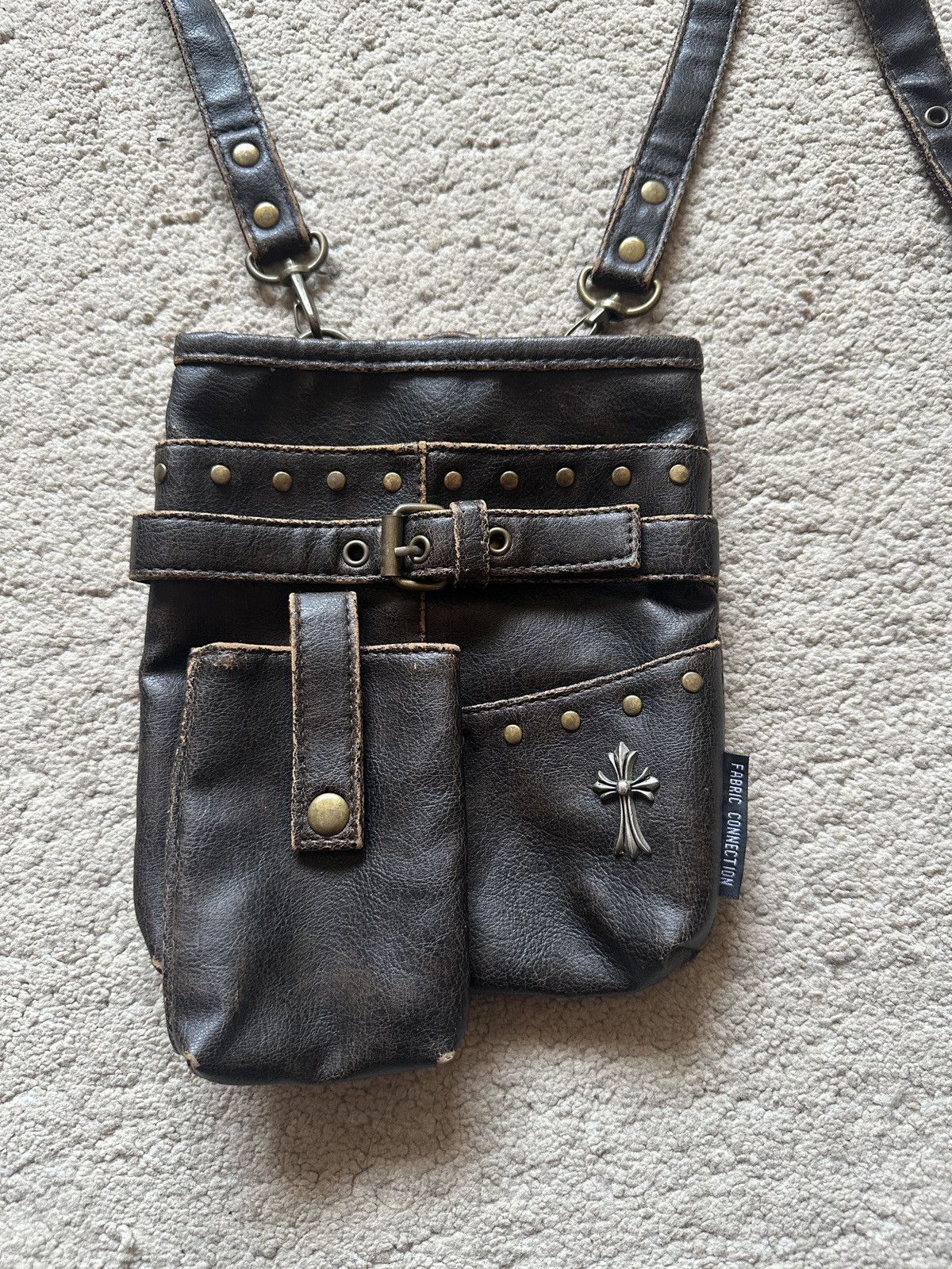Japanese Brand 2000s Fabric Connection Cross logo Leather Sling Bag Size ONE SIZE - 7 Thumbnail