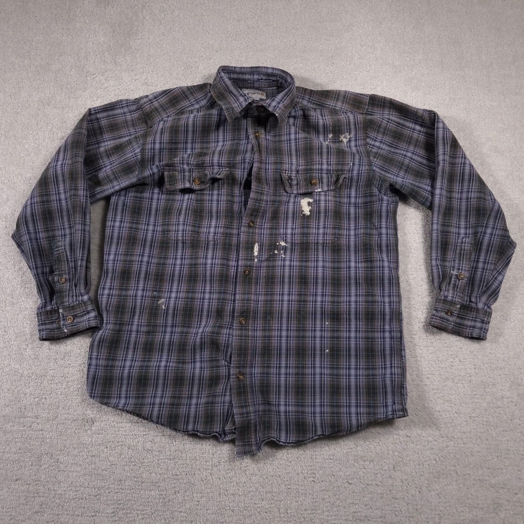 Carhartt VINTAGE Carhartt Shirt Mens Large Blue Gray Plaid Flannel Workwear Distressed Paint Size US L / EU 52-54 / 3 - 2 Thumbnail