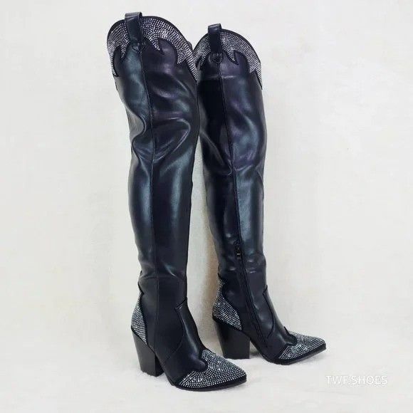 Other Country Western Sexy Black OTK Thigh Boots Rhinestone Trims Size US 8 / IT 38 - 4 Thumbnail