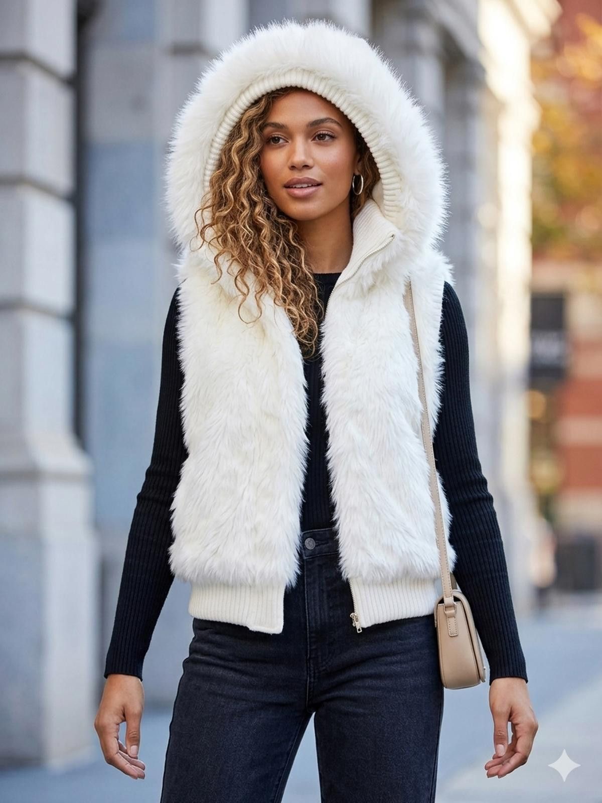 Other MNG White Faux Fur Hooded Vest with Ribbed Hem XS Coquette Size XS / US 0-2 / IT 36-38 - 1 Thumbnail