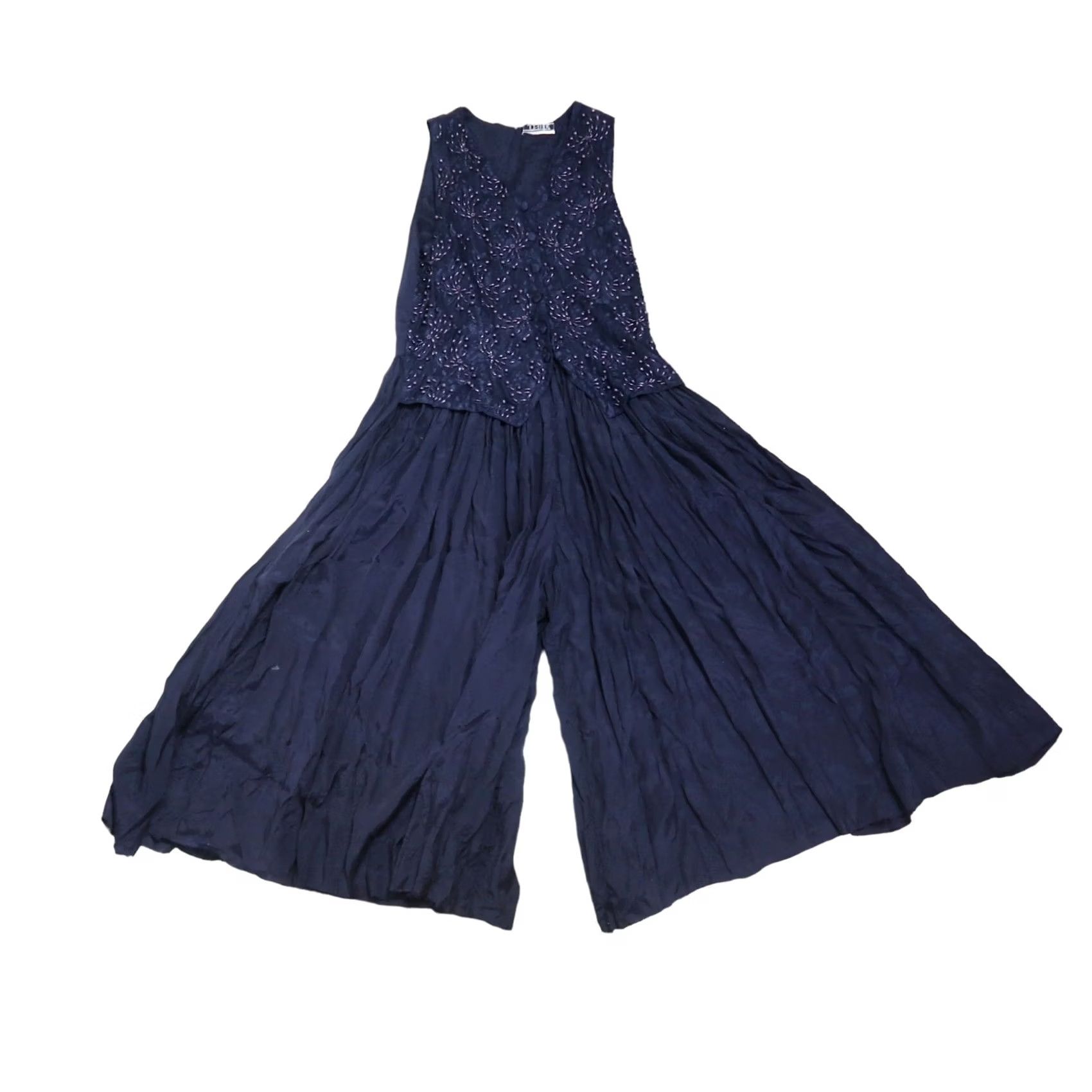 Vintage VINTAGE 90s Navy Blue Jumpsuit with Beaded Vest Top Wide Leg Cropped Sleeveless Rayon Jasmine S Womens Size 28" / US 6 / IT 42 - 2 Thumbnail