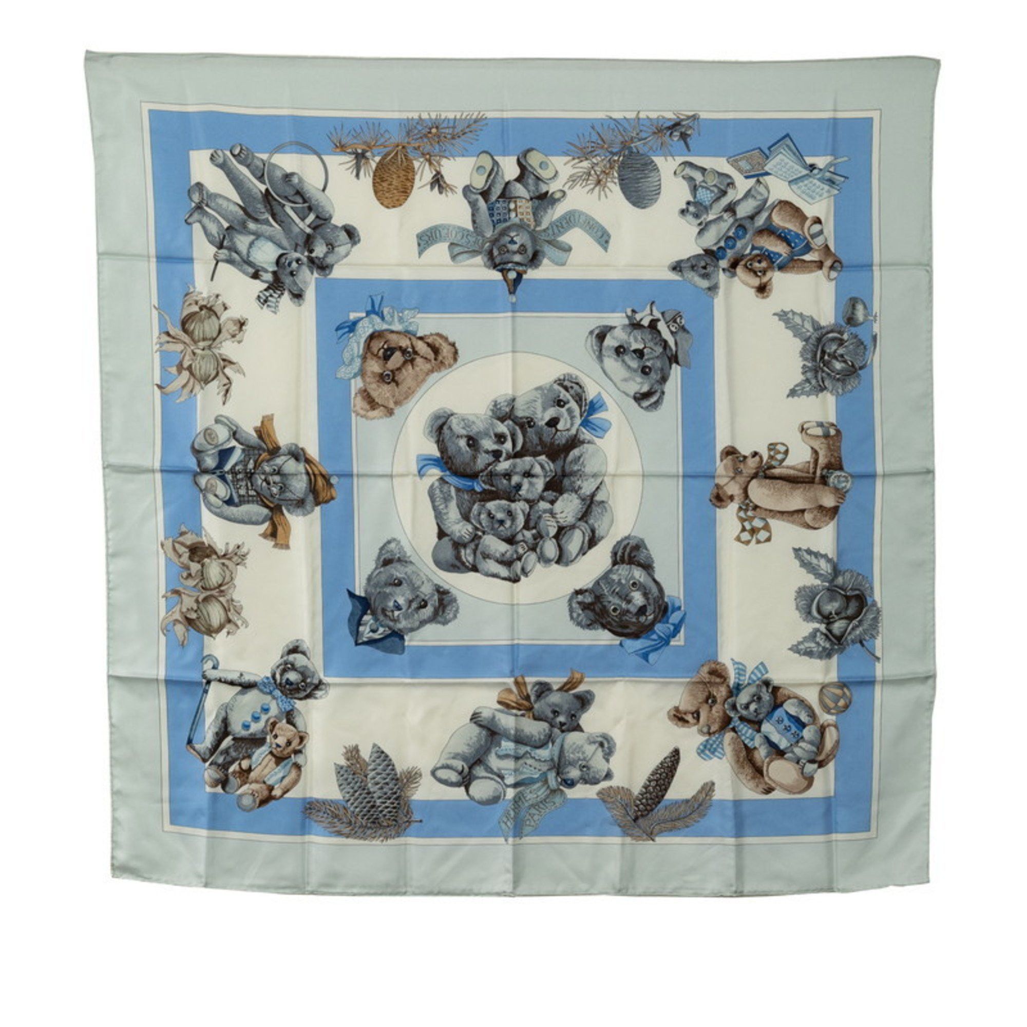 image of Hermes Carre 90 Confidents Des Coeurs Heart Friend Teddy Bear Scarf Muffler White Blue Multicolor S