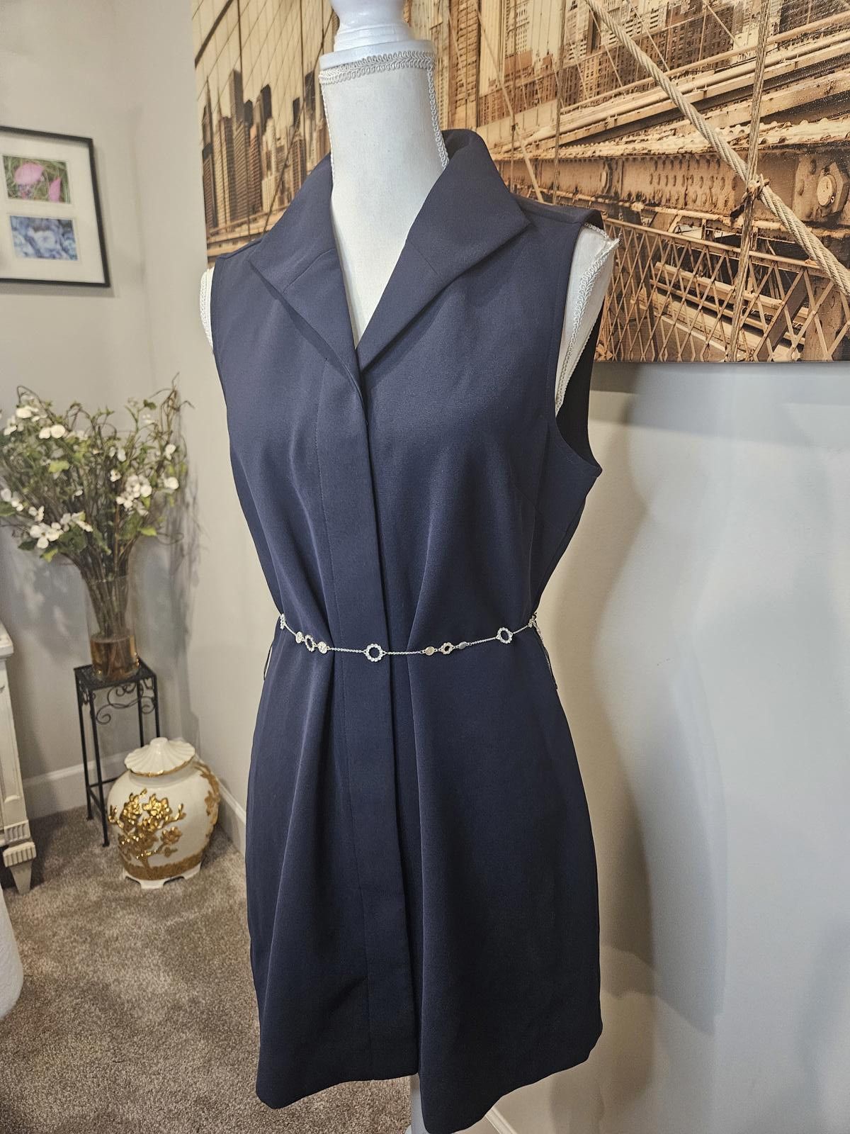 Designer Doncaster Chic Sleeveless Navy Dress with Hidden Buttons #34 Size L / US 10 / IT 46 - 1 Thumbnail