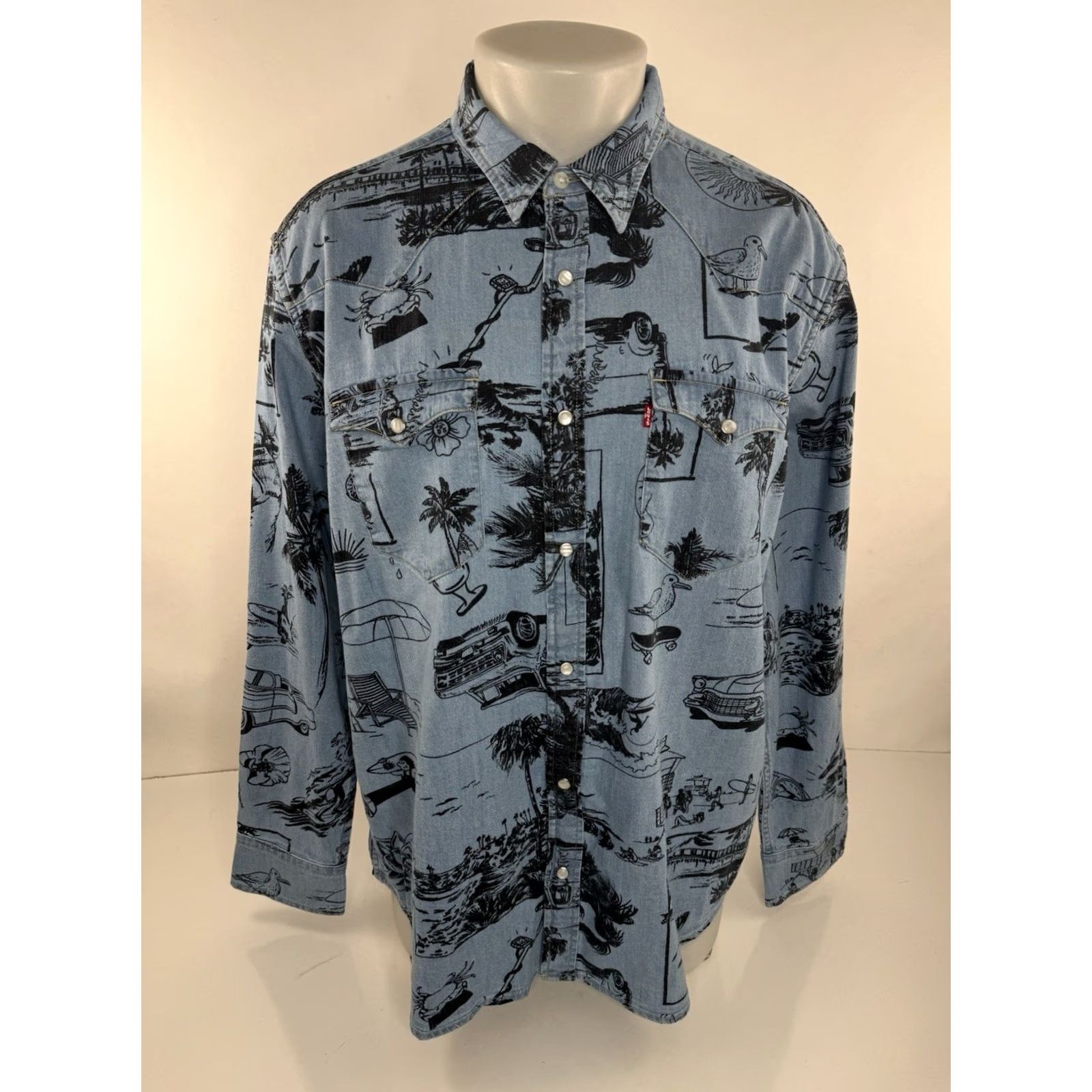 Levi's LEVI'S DENIM Western Ocean Beach Surf Theme Pearl Snap XL Shirt Mens Shirt Long Sleeve Blue 90s Style Pattern Size US XL / EU 56 / 4 - 2 Thumbnail
