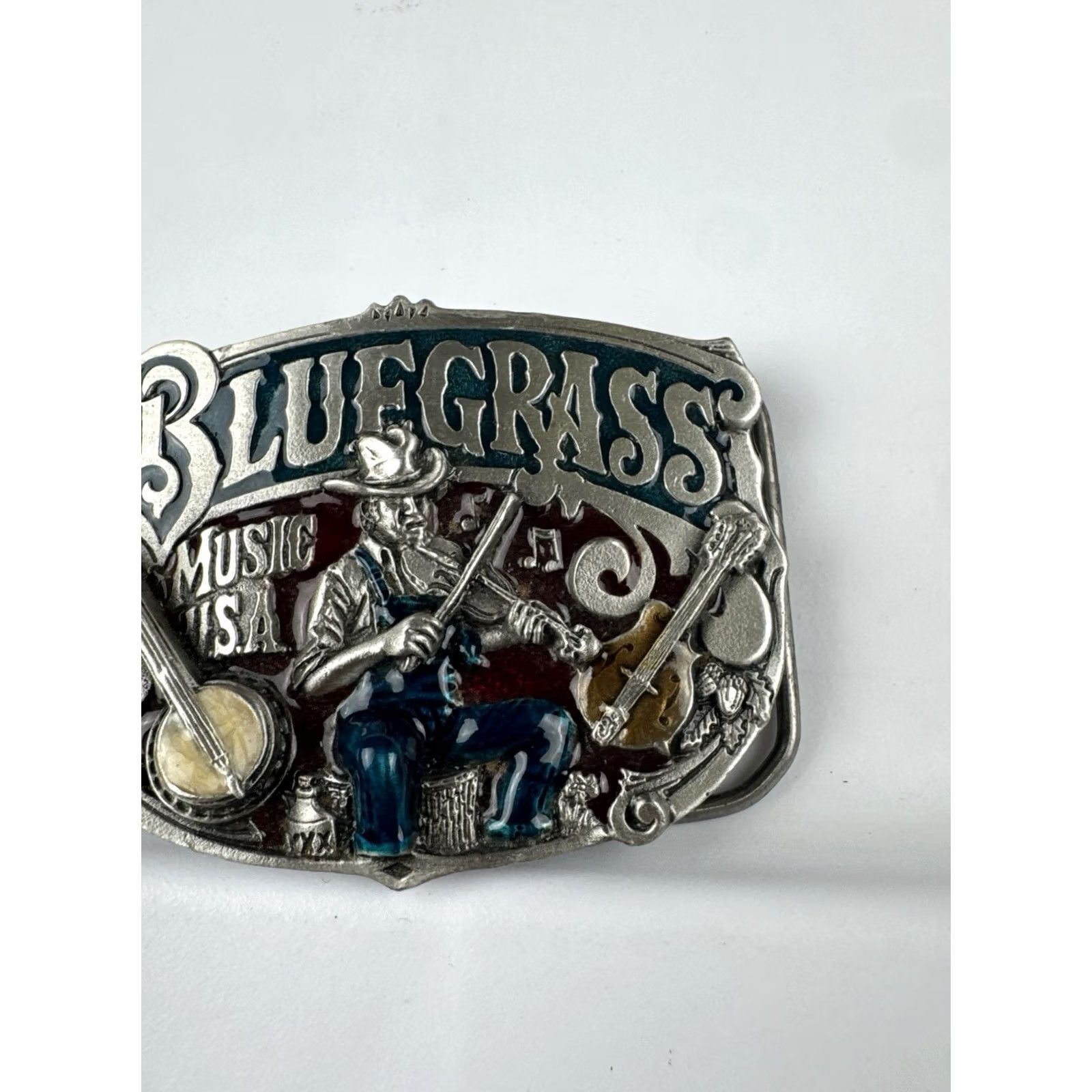 Vintage VINTAGE 1982 Bluegrass Music USA Belt Buckle Banjo Fiddle Pewter Enamel Size ONE SIZE - 3 Thumbnail