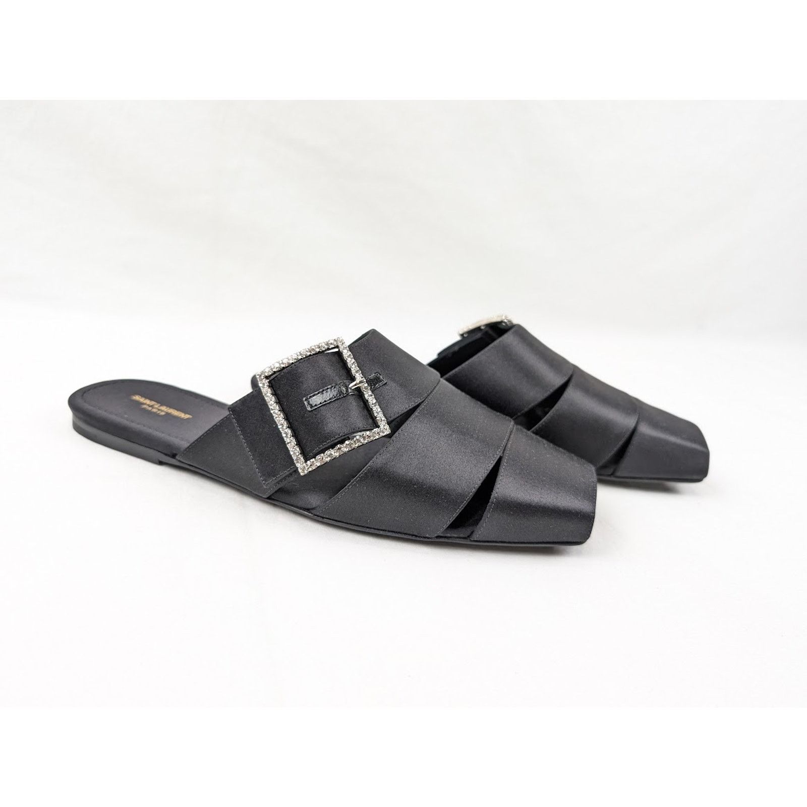 Saint Laurent Paris o1rshd1 Jacques Slide Strass Crepe Satin Sandal in Nero Size US 10.5 / EU 43-44 - 2 Thumbnail