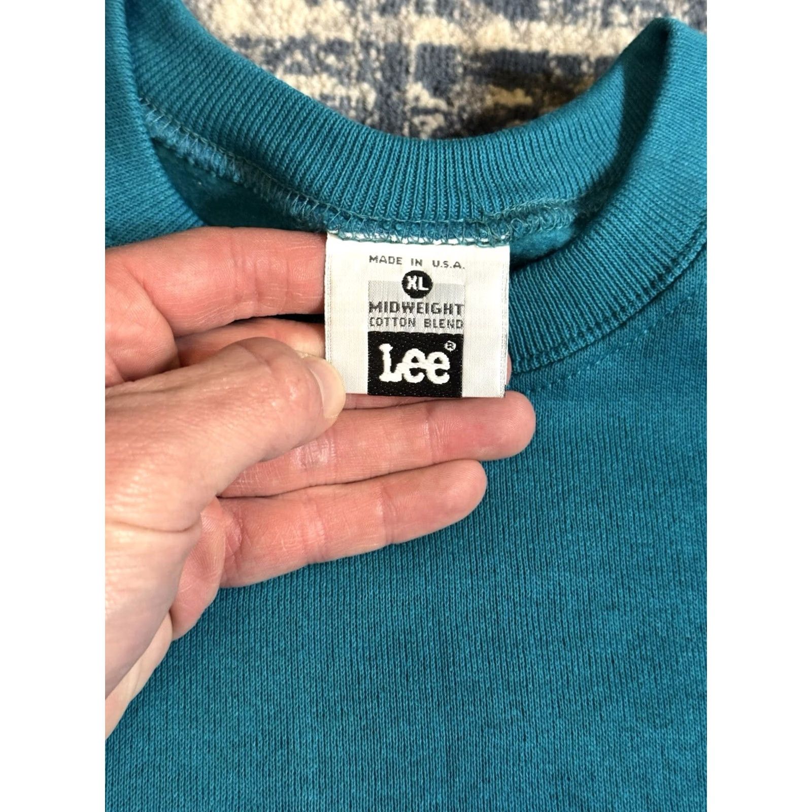 Lee VINTAGE Lee Sweatshirt Crew Neck Teal XL Men 90s Pullover Cotton Blend Crewneck Long Sleeve, All Seasons, Gym & Training, USA, Teal, Solid Size US XL / EU 56 / 4 - 4 Thumbnail