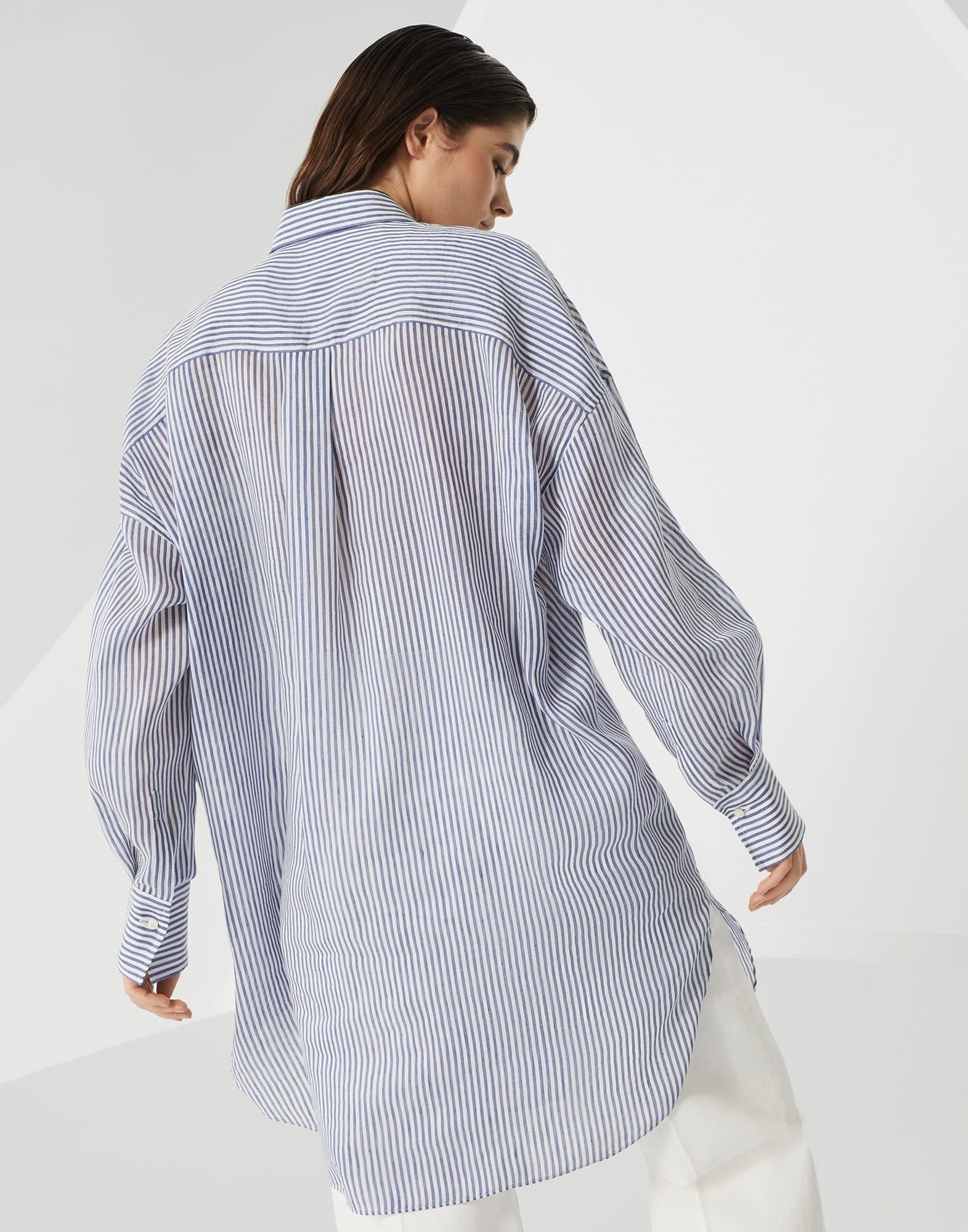 Brunello Cucinelli o1la1rc1a0326 Striped Linen And Silk Organza Long Shirt Size S / US 4 / IT 40 - 2 Thumbnail