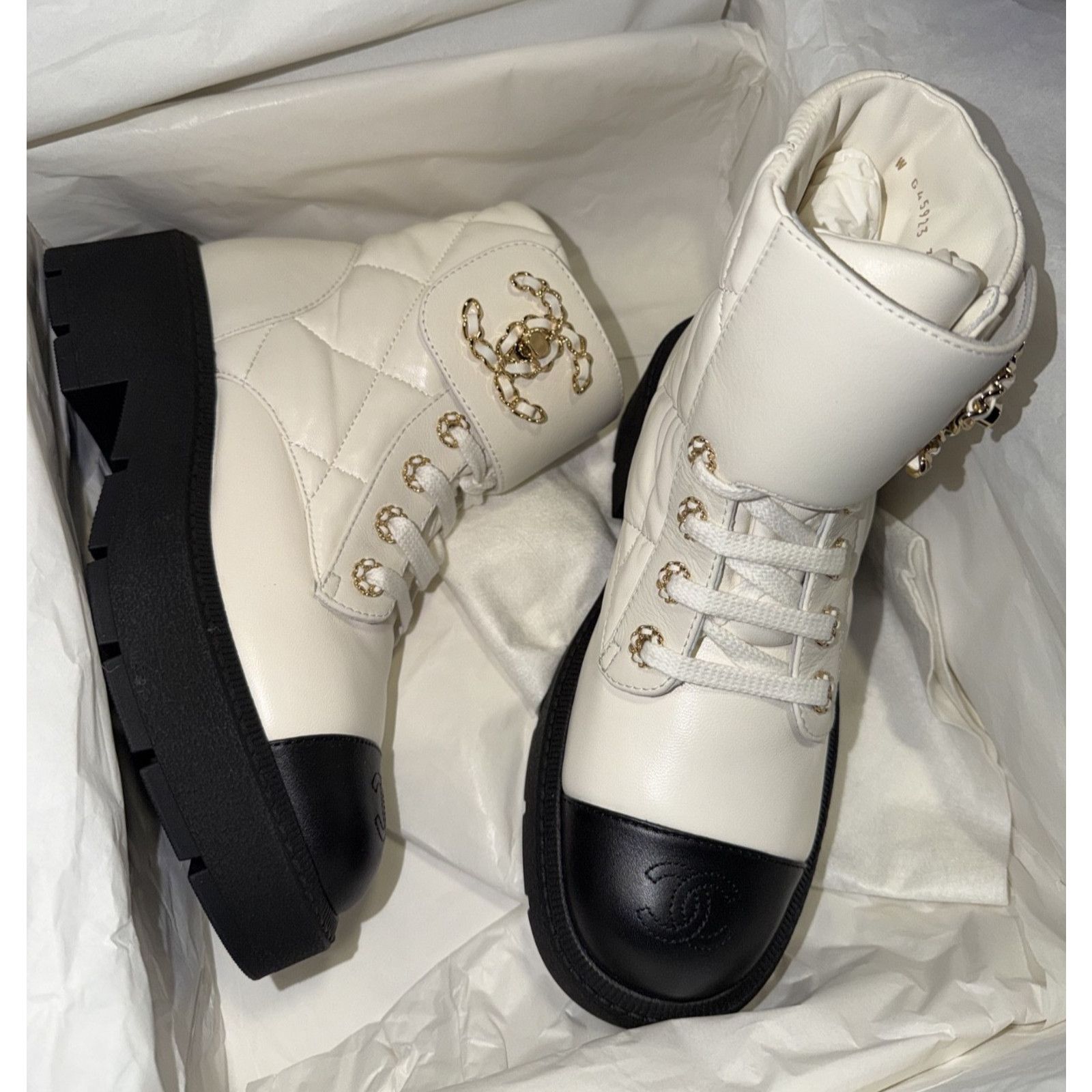 Chanel Chanel 24B White Quilt Gold CC Chain Combat Boots 37c Size US 6 / IT 36 - 2 Thumbnail