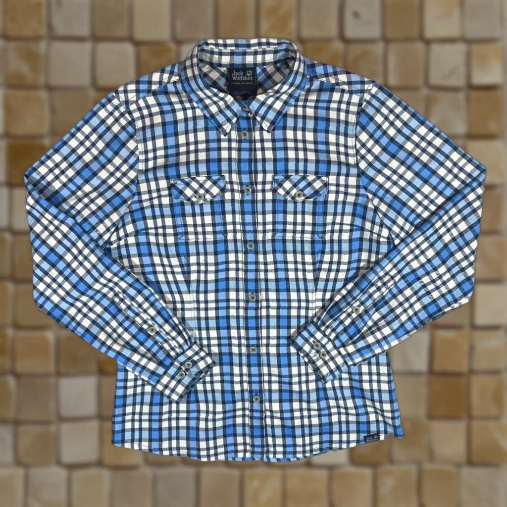 Jack Wolfskin JACK WOLFSKIN "QMC" Quick Moisture Control Plaid Check Long Sleeve Flannel Shirt Women's UK 6 Blue/White/Navy Check Ladies Shirt Womens XS-6 Size M / US 6-8 / IT 42-44 - 1 Thumbnail
