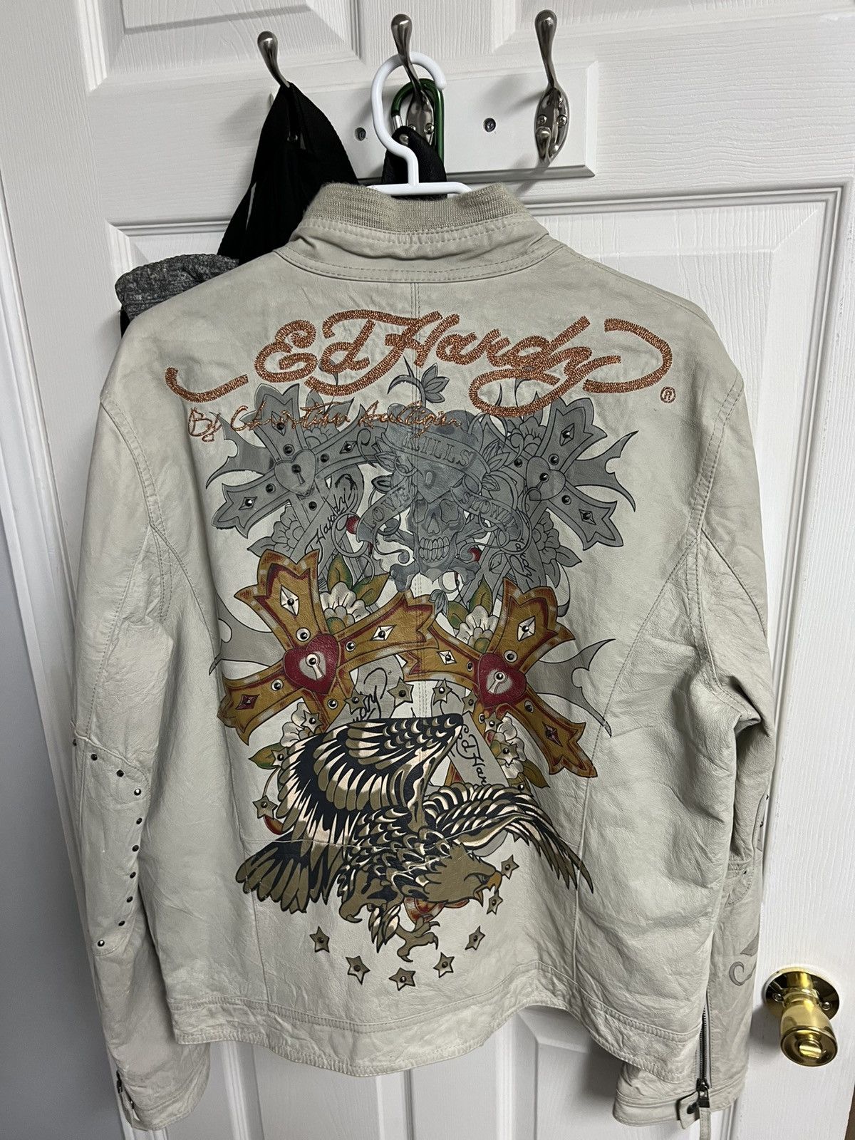 Christian Audigier × Ed Hardy Ed Hardy x Christine Audigier Leather Jacket Off White Size US XL / EU 56 / 4 - 1 Thumbnail