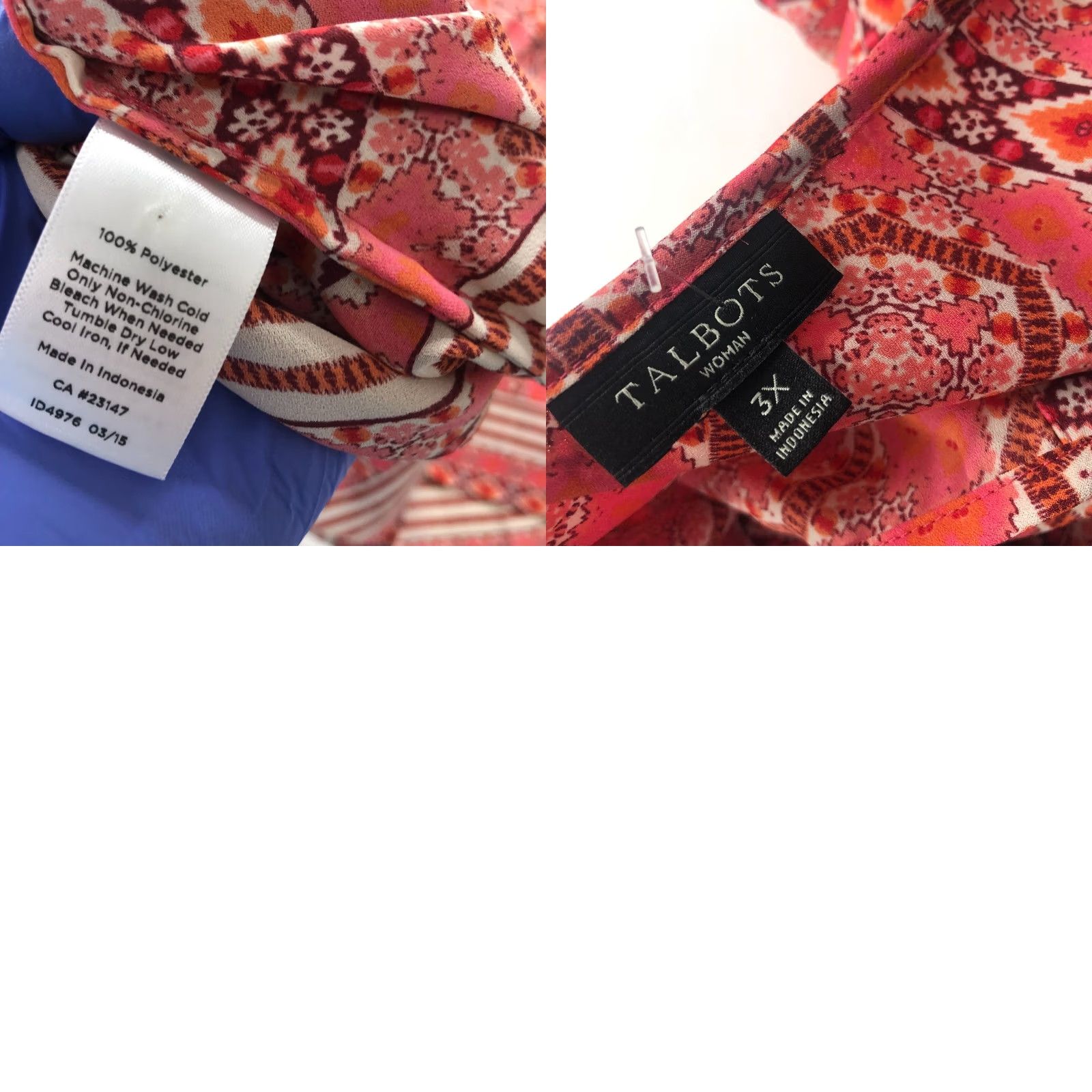 Talbots Talbots Plus 3X All Over Print Polyester Button Long Sleeve Shirt Orange Pink Womens Blouse Geometric Round Neck Casual Size XXL / US 16-18 / IT 52-54 - 9 Thumbnail