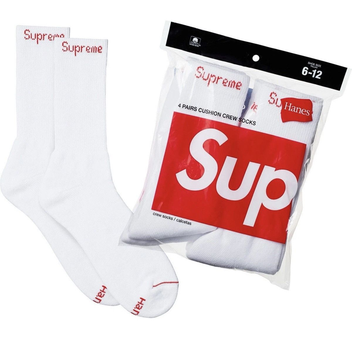 Hanes × Supreme SUPREME®/HANES® CREW SOCKS 4 PACK White Cotton Blend Size ONE SIZE - 1 Thumbnail