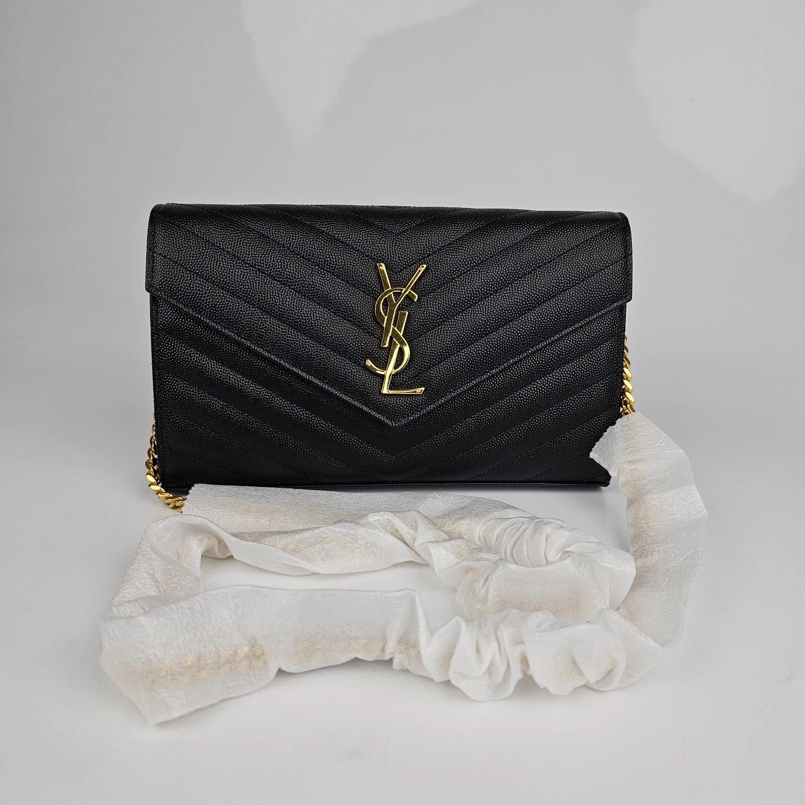 YSL Cassandre Blk/Gold Grained Chain Wallet New