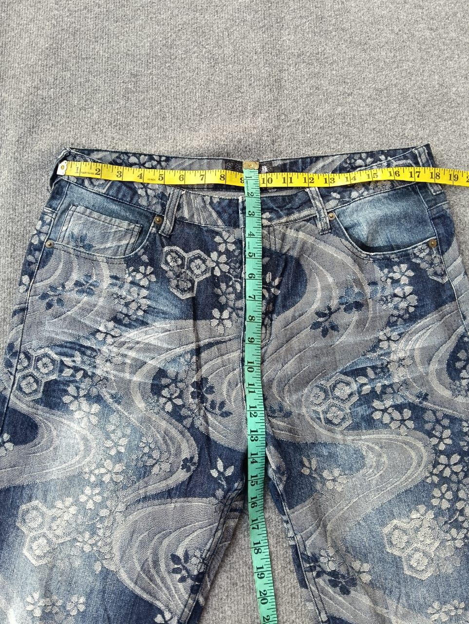 Karakuri Tamashii YASHI MU Japanese Jacquard Woven Kimono Print Denim Jeans Size US 35 - 6 Thumbnail
