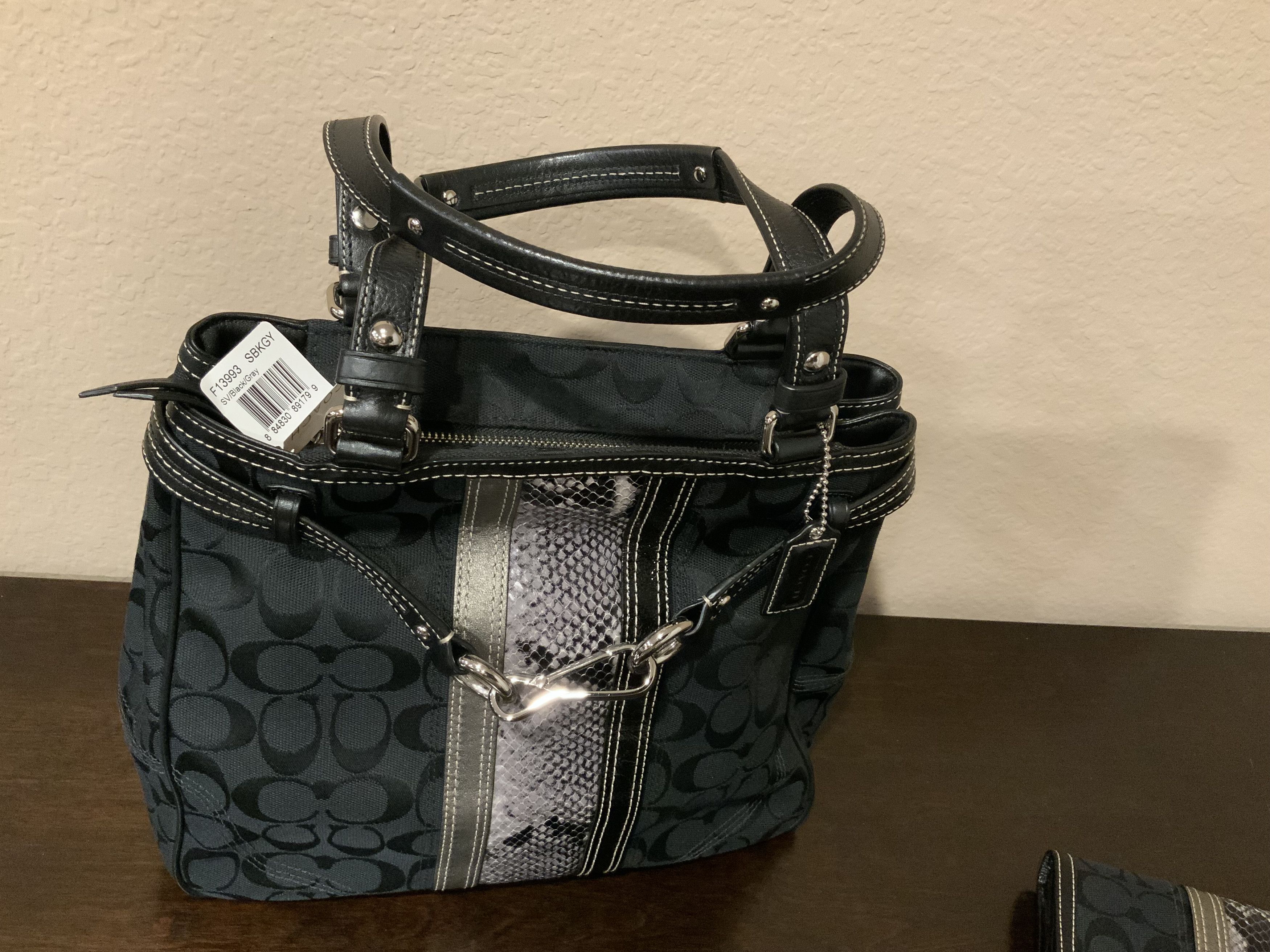Coach Coach SV/Black/Gray, F13993 SBKGY, Nancy Strp Tote Size ONE SIZE - 7 Thumbnail