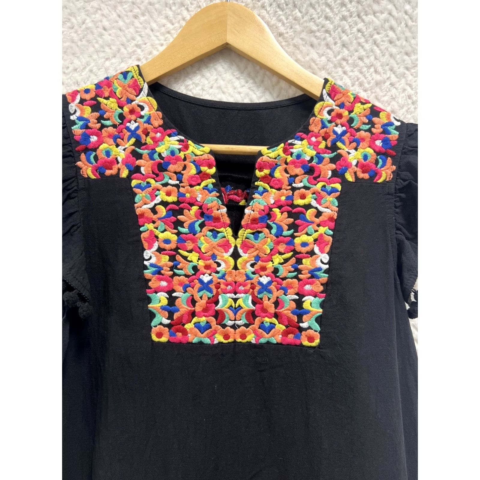 Vintage VINTAGE Boho Embroidered Shift Dress XL 12 Pom Pom Flutter Sleeve Mini Bohemian Festival Size XL / US 12-14 / IT 48-50 - 3 Thumbnail