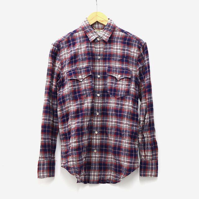 image of Saint Laurent Paris Stretch Checkered Western Flannel Shirt in Red White Blue, Men's (Size Small)