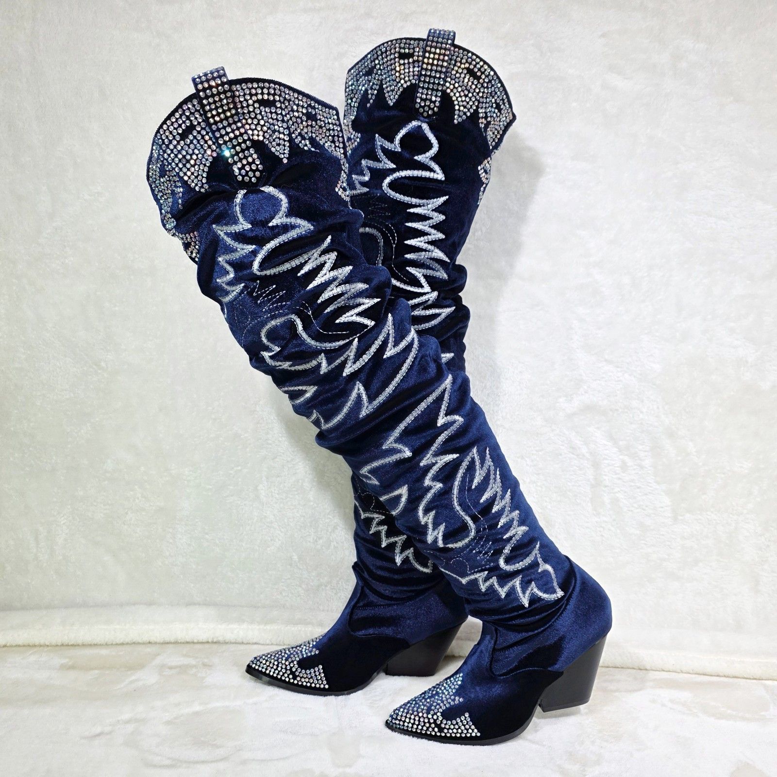 Other Delish Blue Velvet Western Slouch OTK Thigh High Cowboy Boot Size US 6.5 / IT 36.5 - 3 Thumbnail