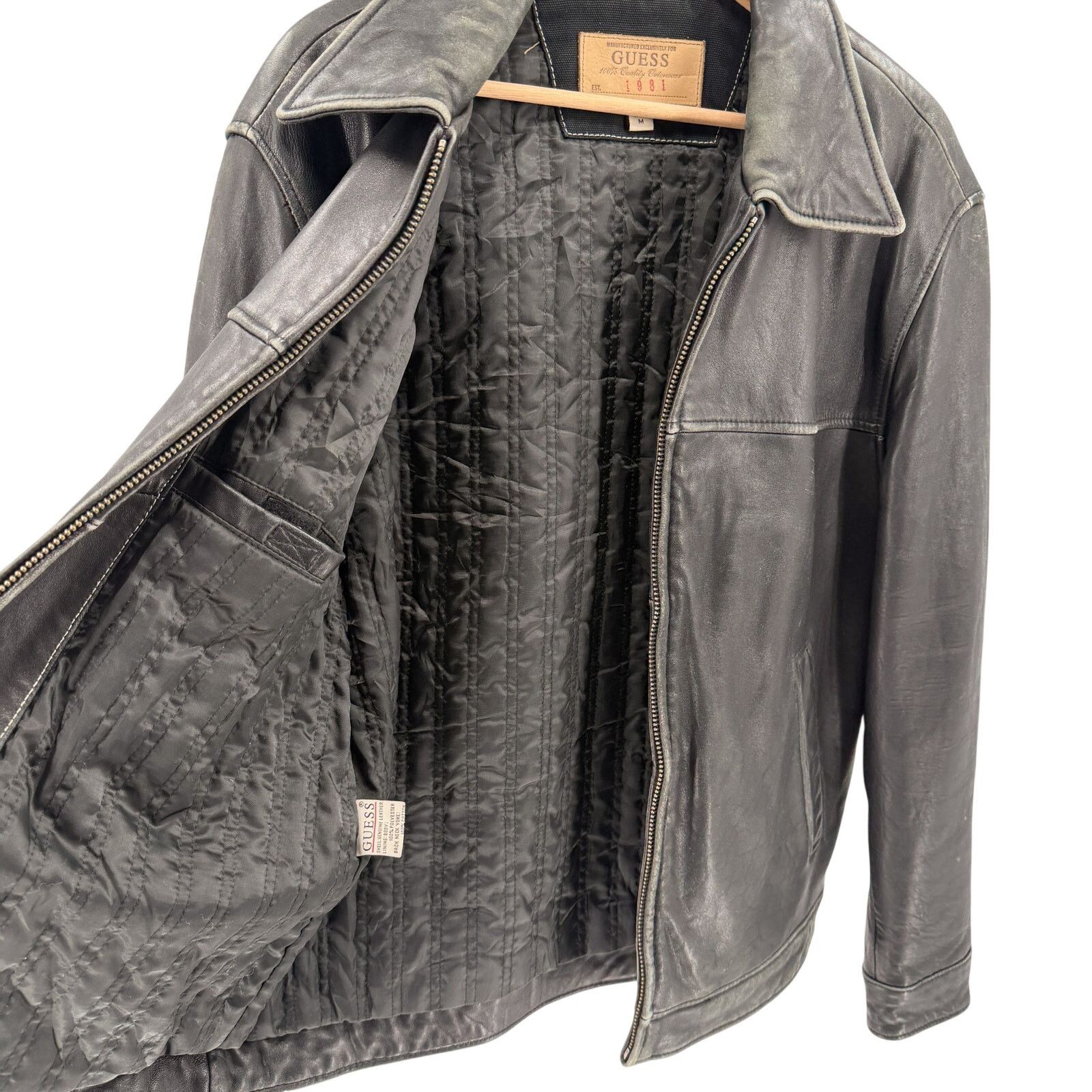 Guess Vintage 90s Black Genuine Leather Heavy Zip Bomber Jacket Size US M / EU 48-50 / 2 - 6 Thumbnail