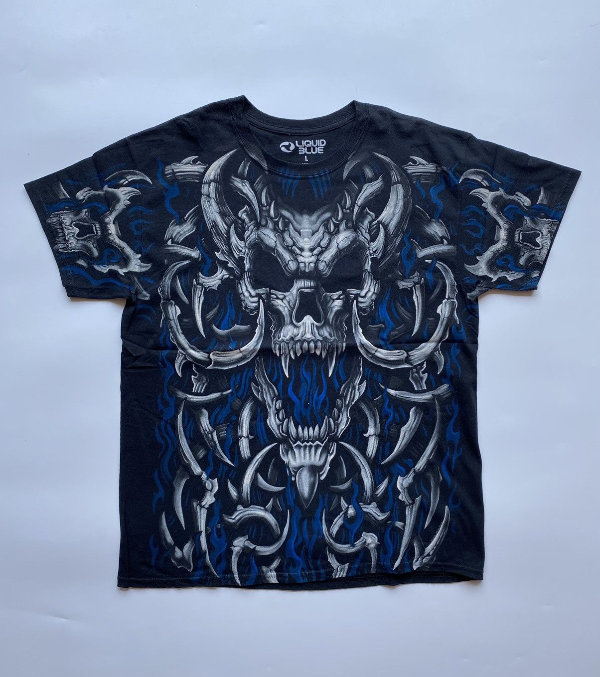 FANTASY-BLUE FLAME SKULL-OVERALL LARGE PRINT 2 Sided T-SHIRT