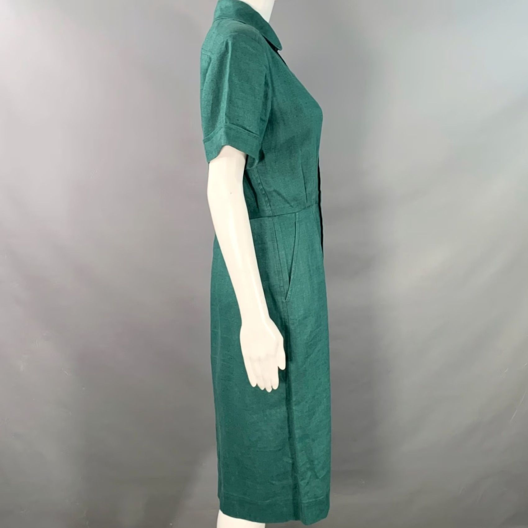 Yves Saint Laurent YVES SAINT LAURENT Vintage Green Linen Shirt Dress 6 Womens Midi Button Up Pleated France Size M / US 6-8 / IT 42-44 - 3 Thumbnail