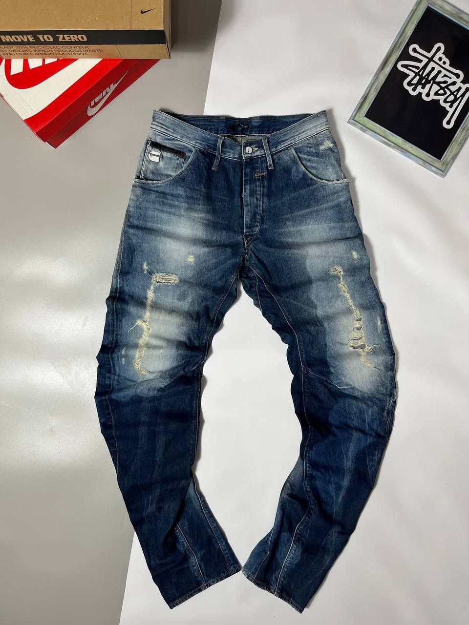 G-Star G Star Raw 3301 Denim Jeans Mens 31x34 Blue Distressed Moto Size US 31 - 1 Thumbnail