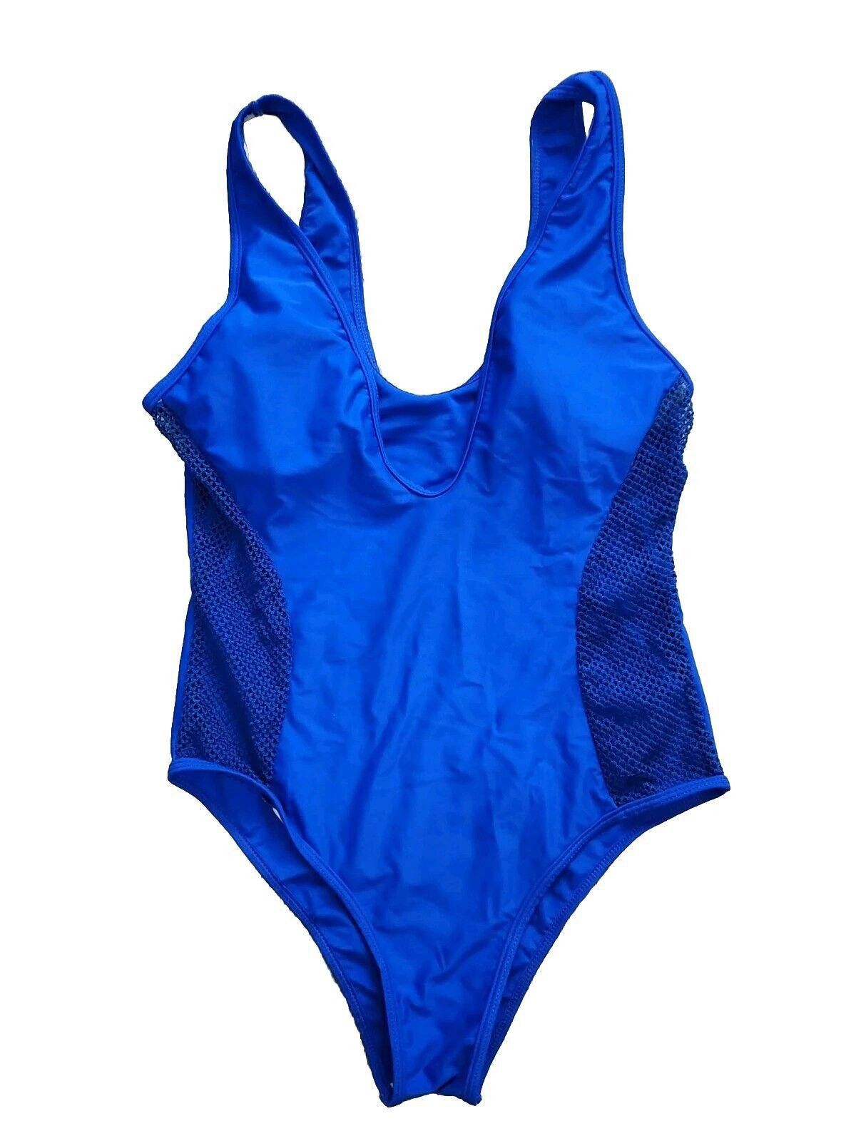 Designer Womens One Piece Swimsuit Large Royal Blue Mesh Sides Deep Size ONE SIZE - 1 Thumbnail