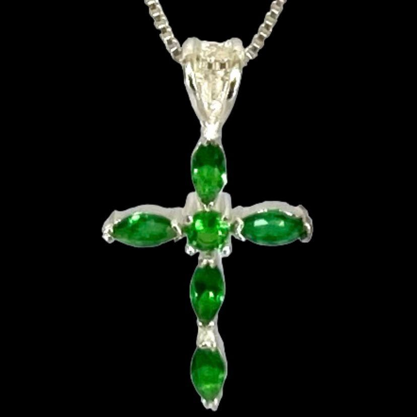 image of Sterling Silver Nx Emerald & Sterling 925 Silver Cross Necklace in Green, Women's