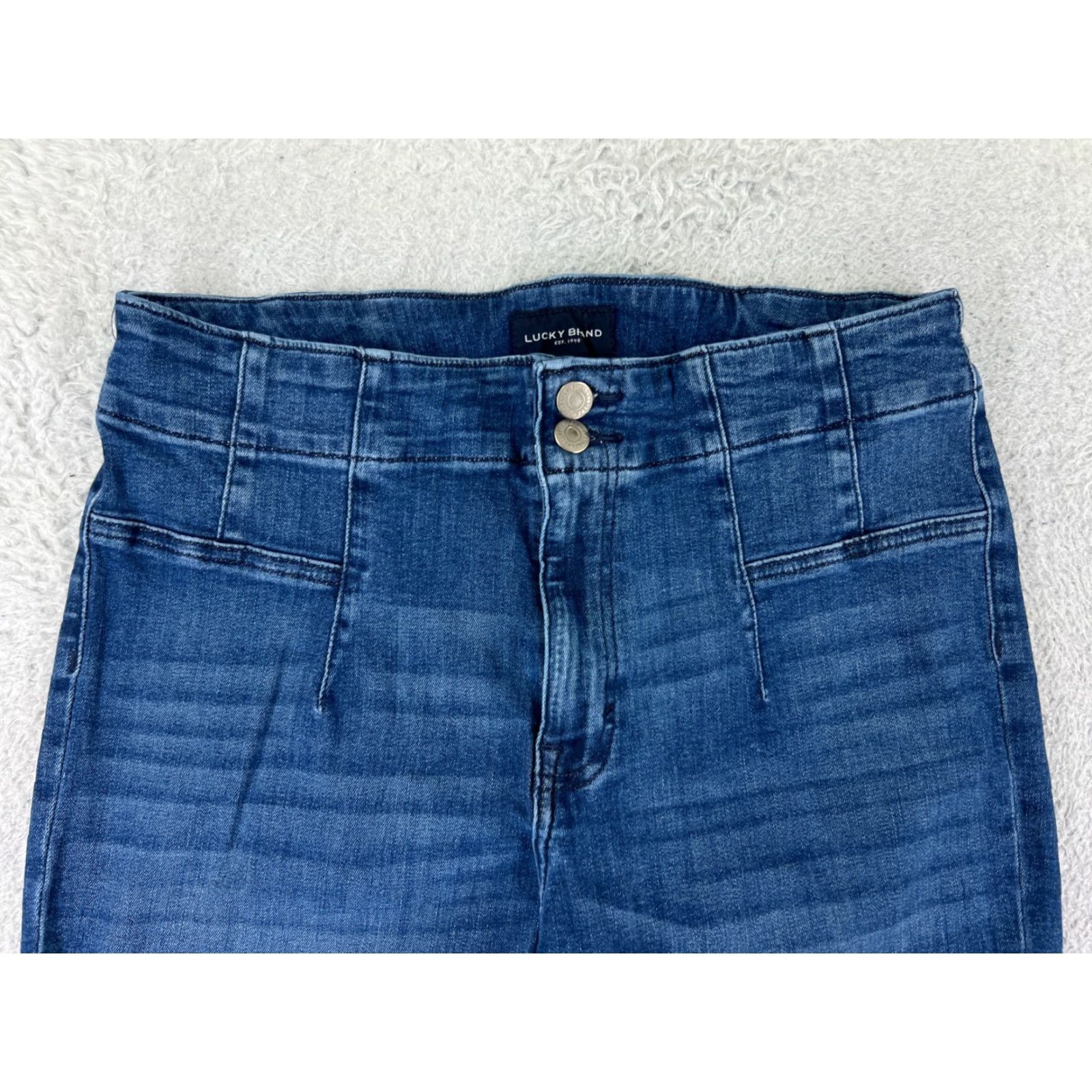 Lucky Brand VINTAGE Lucky Brand Jeans Juniors 14 Blue Denim Flared High Rise 5-Pocket Cotton Distressed Raw Hem Womens Girls Smalls? Size 36" / US 14 / IT 50 - 7 Thumbnail
