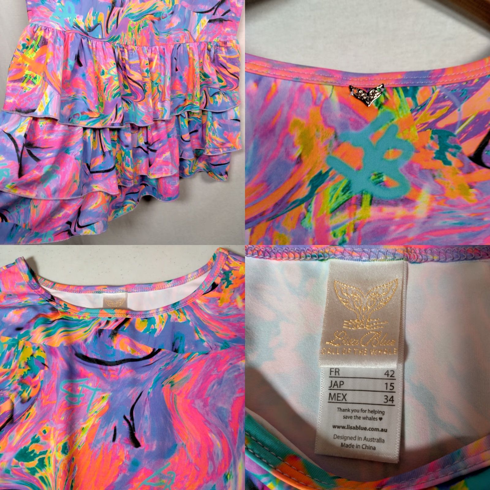 Vintage Lisa Blue Call Of The Whale Dress AUS UK 14 US 10 Beach Ruffle Psychedelic Swirl Size L / US 10 / IT 46 - 8 Thumbnail