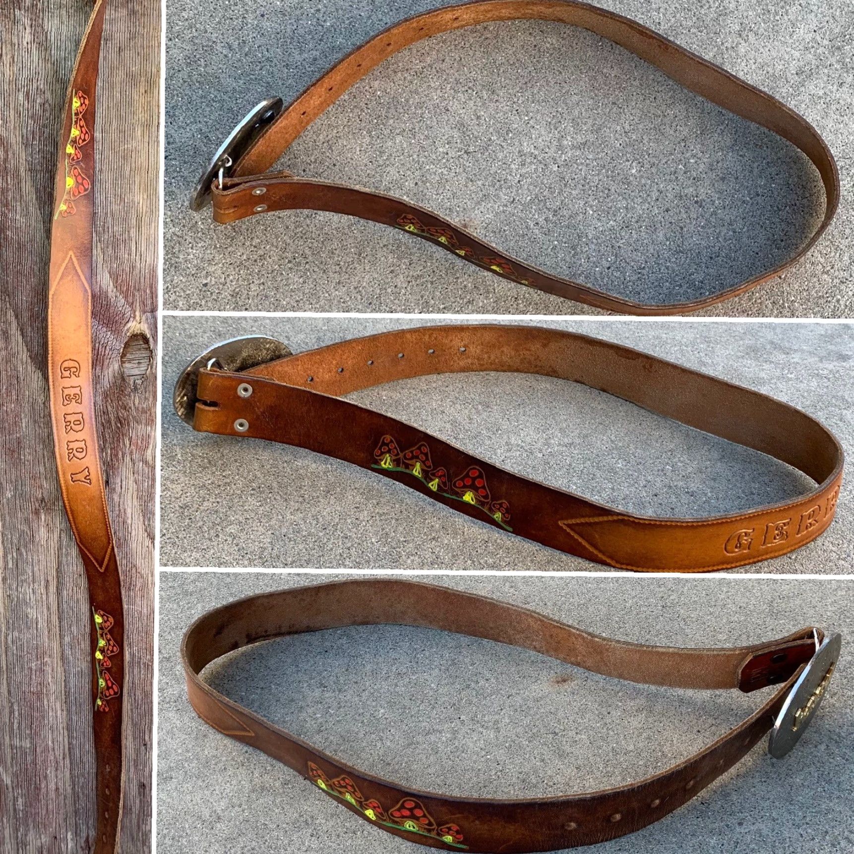 Vintage VINTAGE tooled leather belt 60s 70s painted mushroom theme GERRY k-new buckle M adult unisex Brown leather belt Size ONE SIZE - 5 Thumbnail