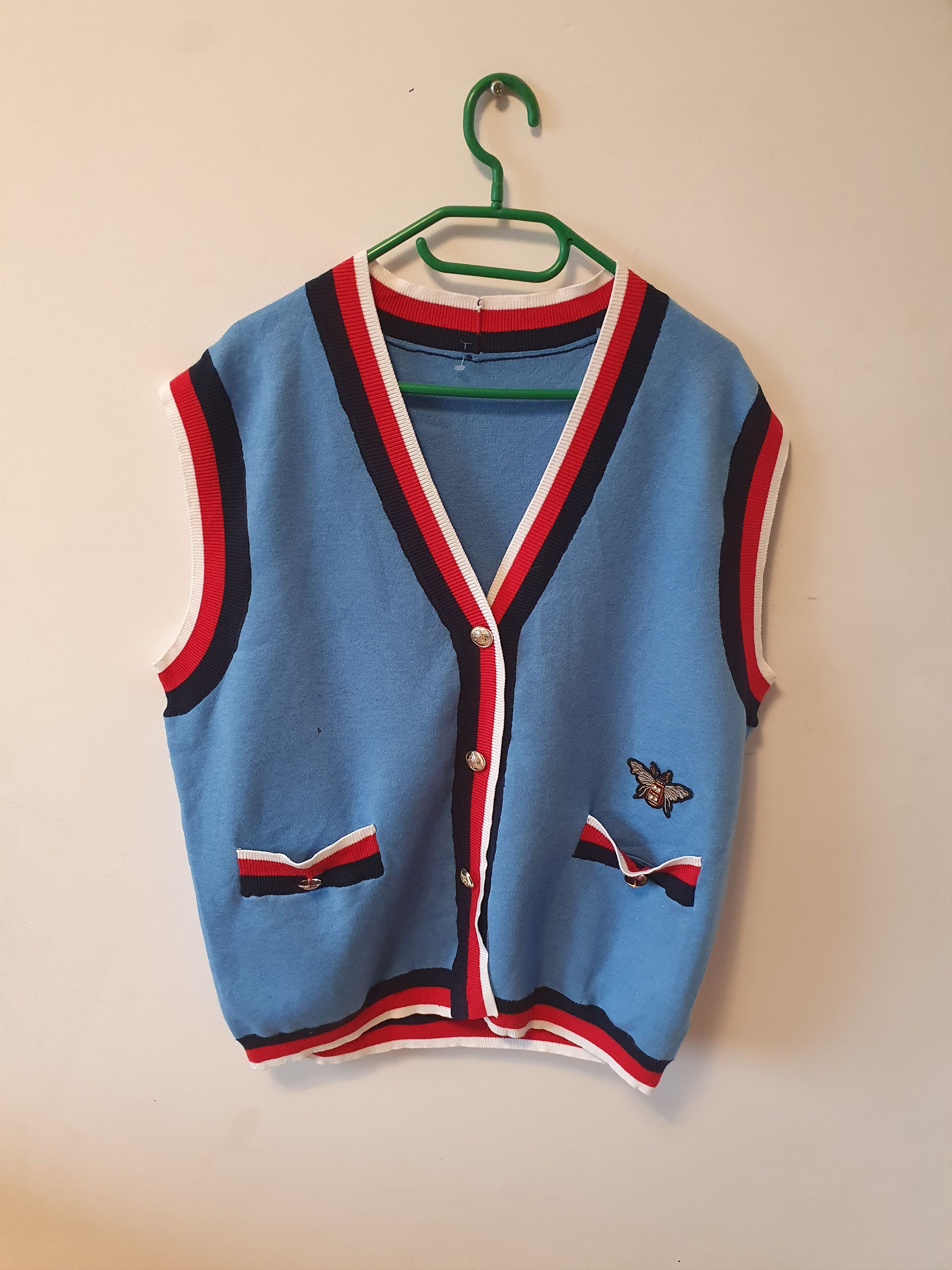 image of Short Cardigan Vest Maje in Blue White Red, Women's (Size Small)